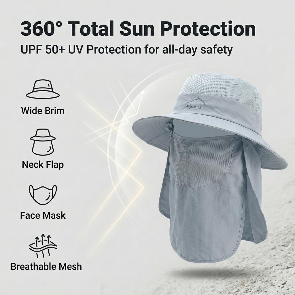 Gustave Sun Protection Hat with Removable Neck Flap, Grey, One Size 1