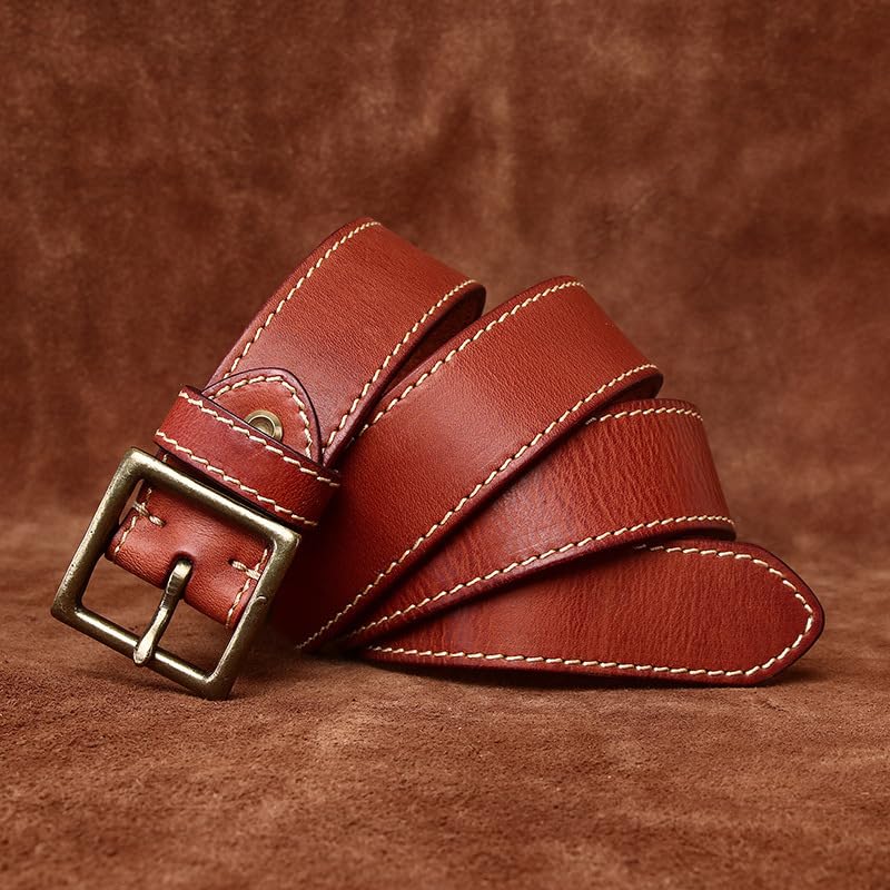 42mm Large Wide Top-Grain Leather Stitched Belt for Men Women,Trendy Casual Washed Vintage Strap with Gold Square Buckle(115cm/45, Reddish Brown)2