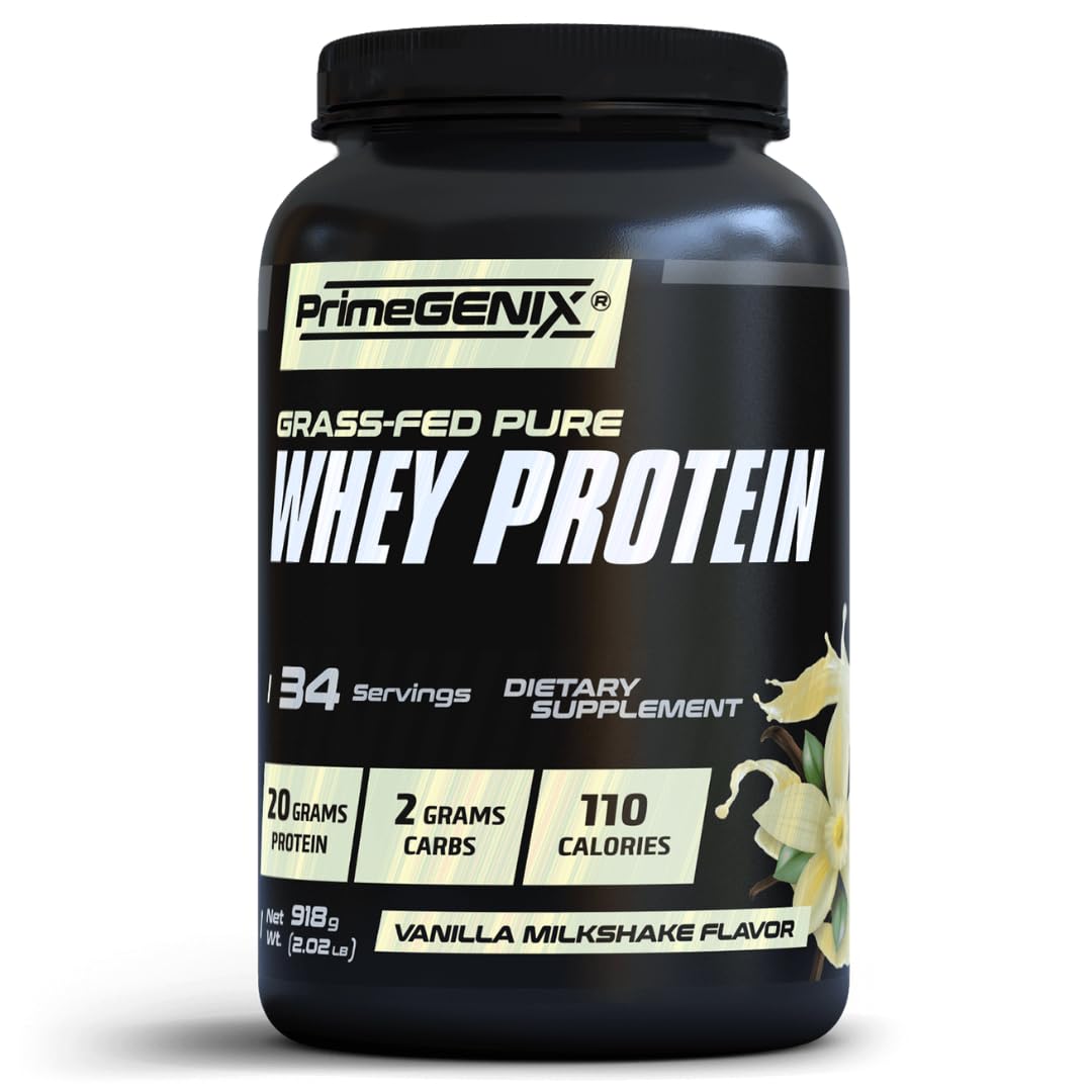 PrimeGENIX - Grass-Fed Whey Protein Powder - 34 Servings of Vanilla Protein Powder with Zero Sugar, Supports Healthy Metabolism, Helps Maintain Energy & Supports Physical Performance During Workouts