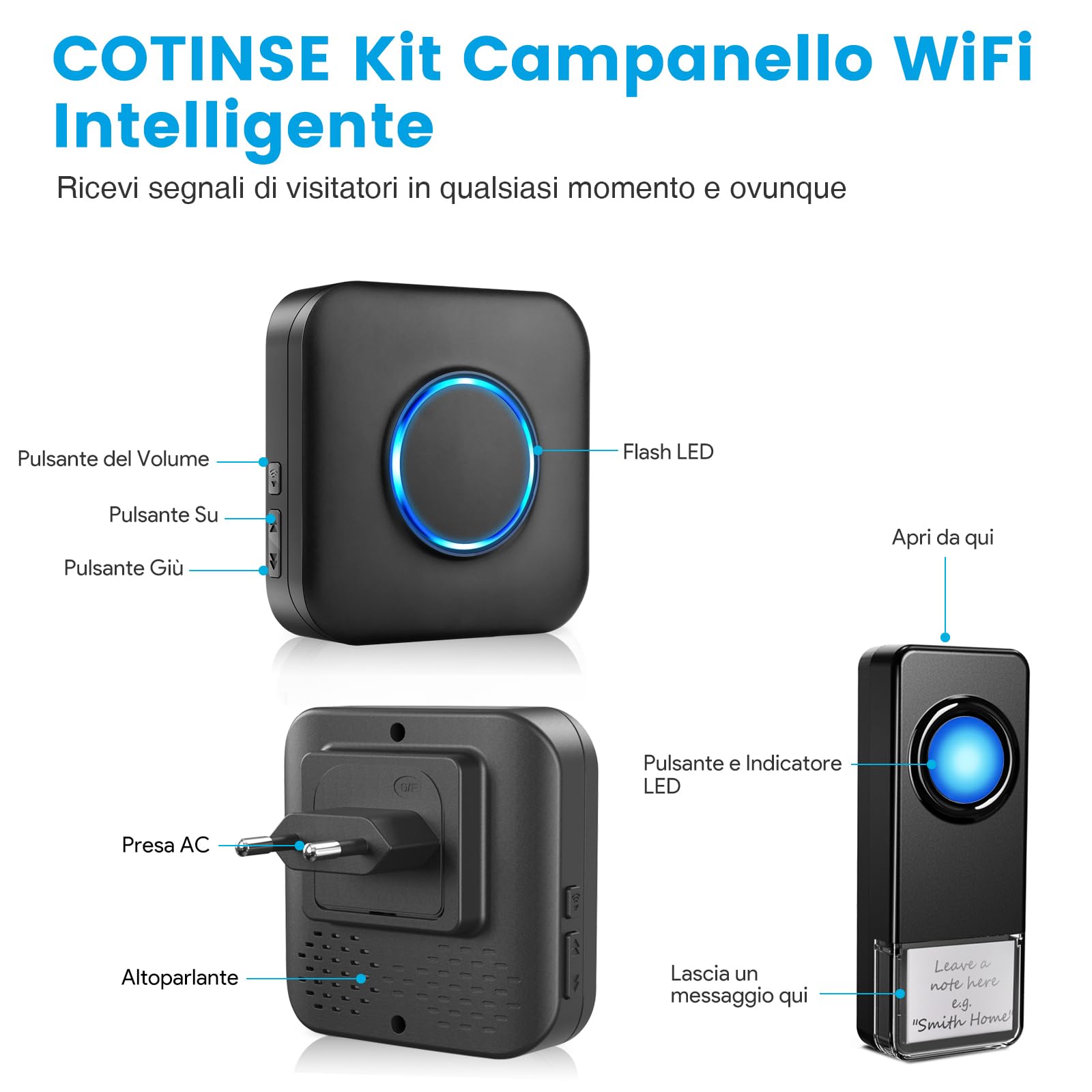 WIFI Campanello Senza Fili da Esterno, Compatibile con Applicazione per Smartphone, Campanello Casa Forte da 0-110dB con 32 Melodie, Doorbell con Notifica Remota, Campanella con Flash LED