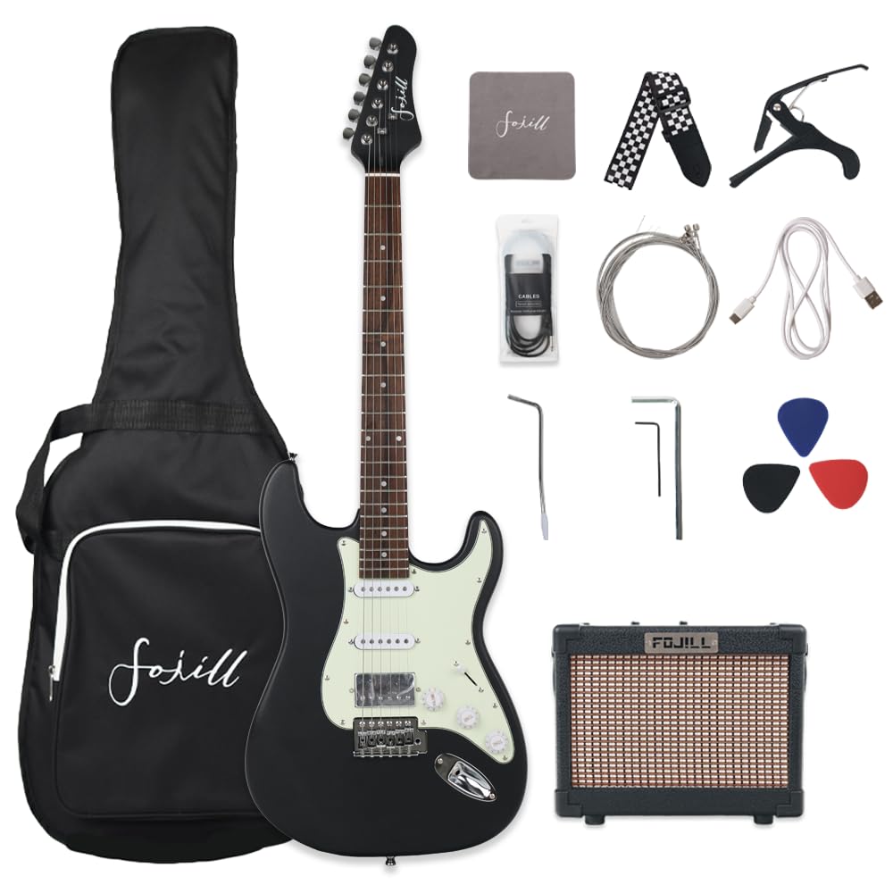 Fojill HSS Pickup 39 Inch Full Size Electric Guitar Kit Set Beginner Starter Combo Package Bundle 10W Battery Power Bluetooth Amplifier Amp Bag,Picks, Cable, Strap, Extra Strings