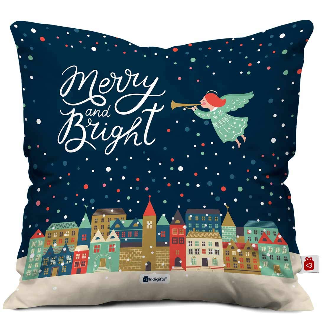 IndigiftsMerry and Bright Printed Micro Satin, Fibre Cushion Cover with Filler & Magnet Combo Set (Blue, 12x12 inches)