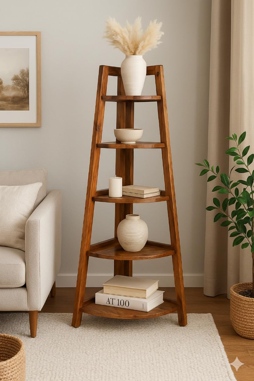 Solid Wood Corner Ladder Shelf for Living Room Wooden Floor Standing Corner 5 Tier Ladder Shelves for Bedroom Decorative Bookcase Floor Standing Shelf for Office | Brown Finish-image-4