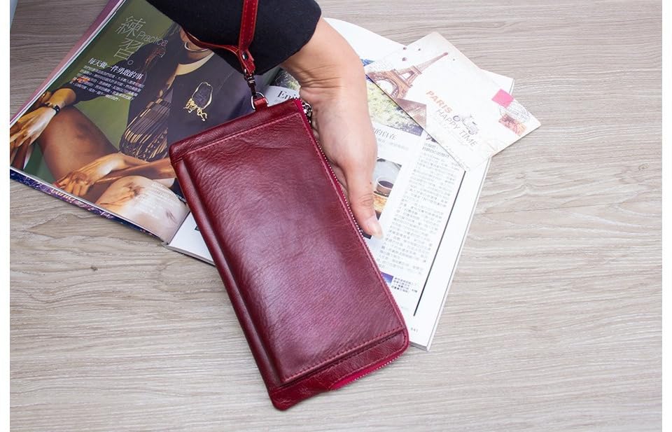 Retro Mens Genuine Leather Long Bifold Wallet Large Capacity Multi Card Slots Zipper Pocket Travel Use (Red)2