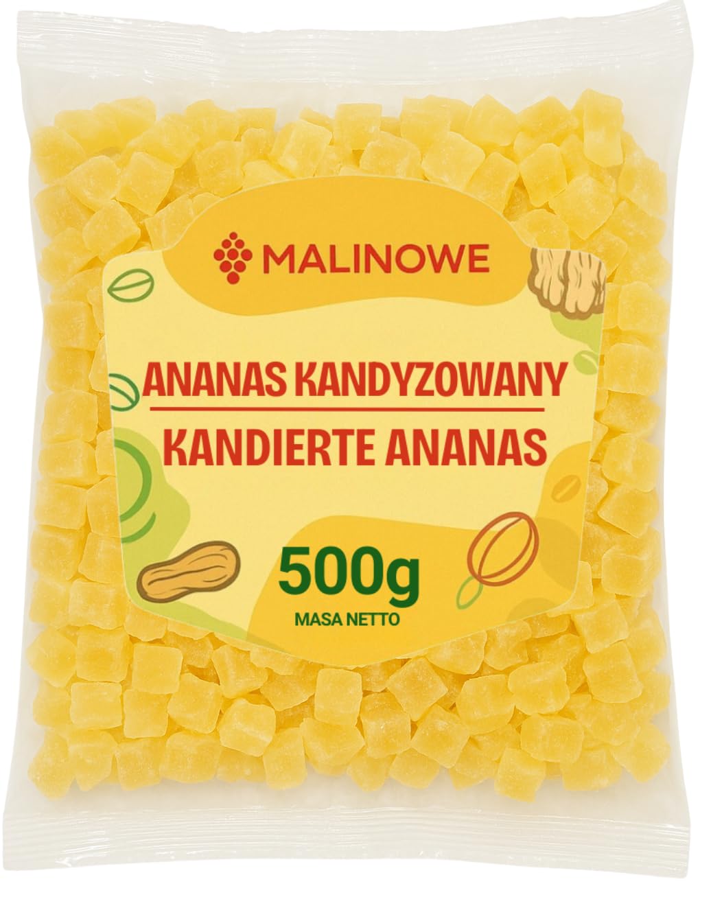 Malinowe ANANAS KANDYZOWANY KOSTKA 500g Owoce Tropikalne Naturalny Premium