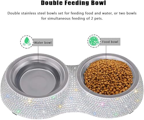 Miniatura 2 de SAVORI Cuencos para perros pequeños rosados hechos a mano con diamantes de imitación brillantes de acero inoxidable comedero doble para alimentos