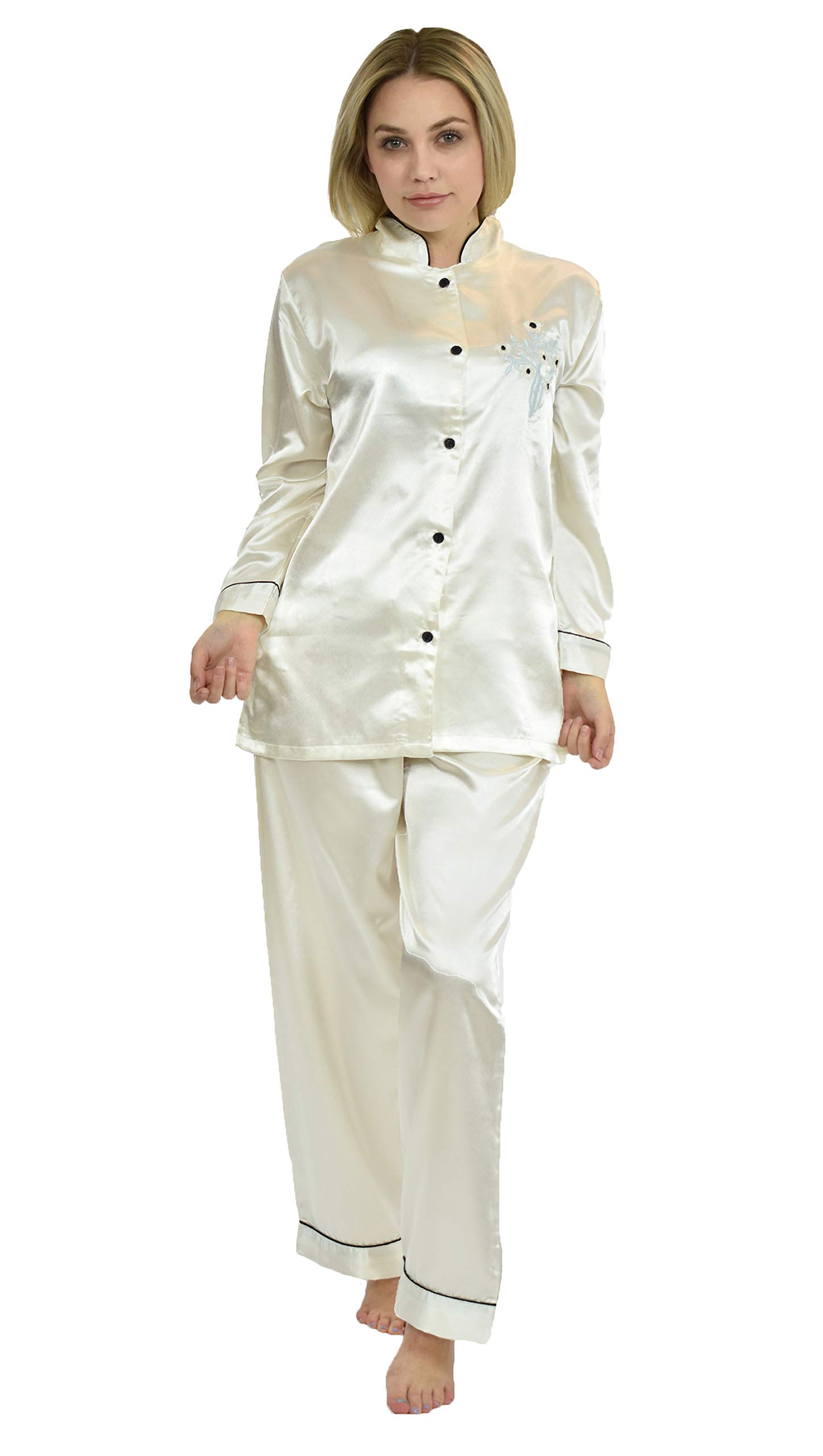Up2date Fashion Women’s Button Down Satin Pajama Set with Mandarin Collar, Long Sleeves PJ