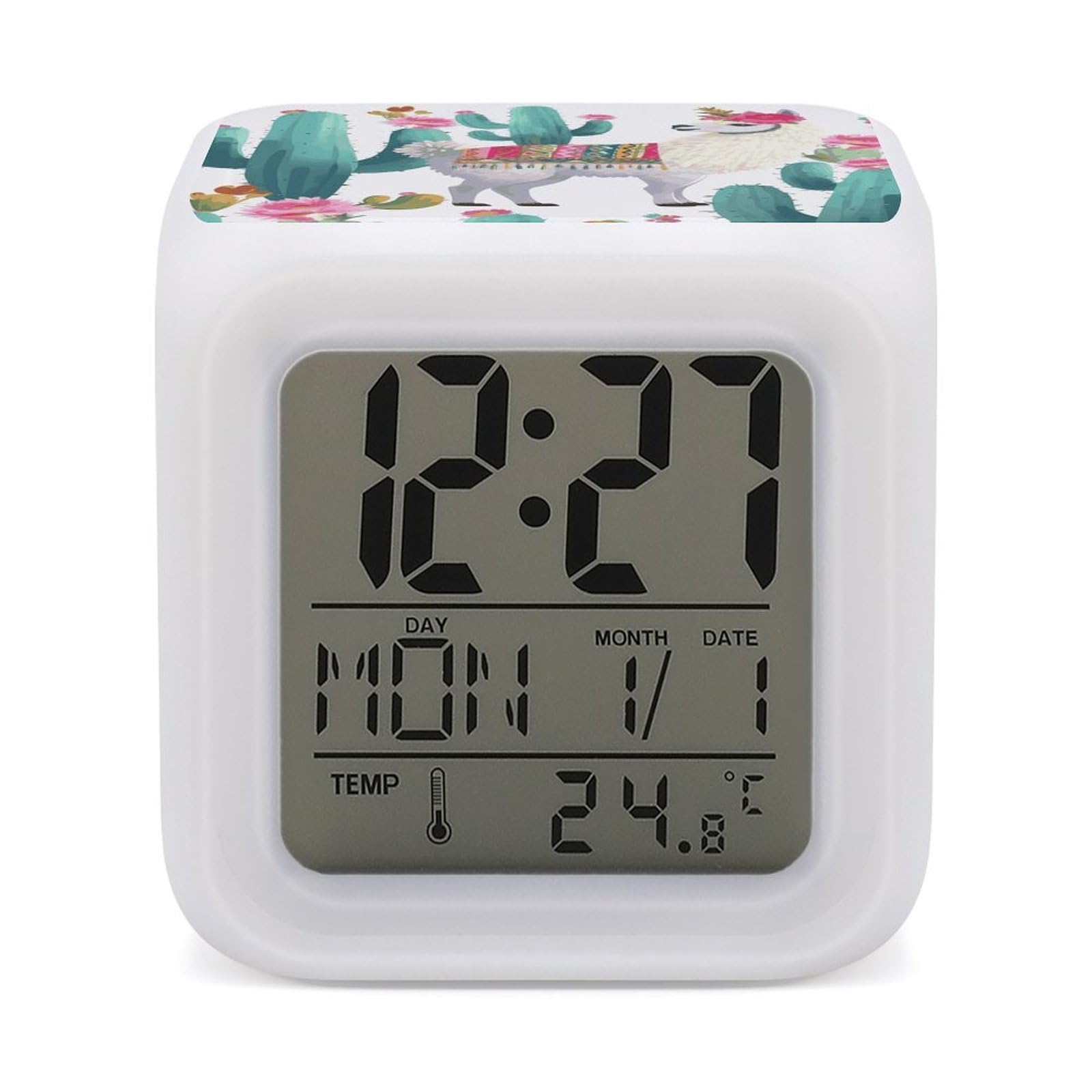 VstaDank Tropical Llama Alpaca Cactus Flower Alarm Clock with 7 Color Changing Night Light Date Temp Display Wake Clocks LED Display Digital Clock Electric Desk Clocks for Living Office Bedroom Decor