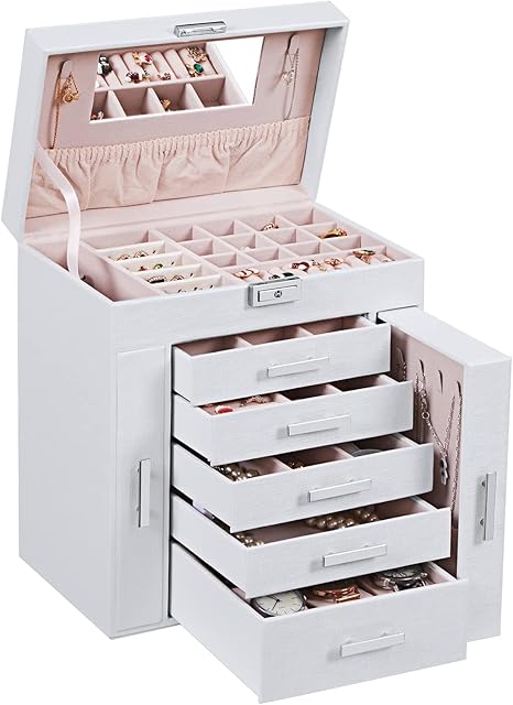 ANWBROAD Large Jewellery Box 6-Tier Jewellery Organiser Box for Women Jewellery Drawer Organiser Necklaces Rings Earrings Watches White Storage Box JJB008W
