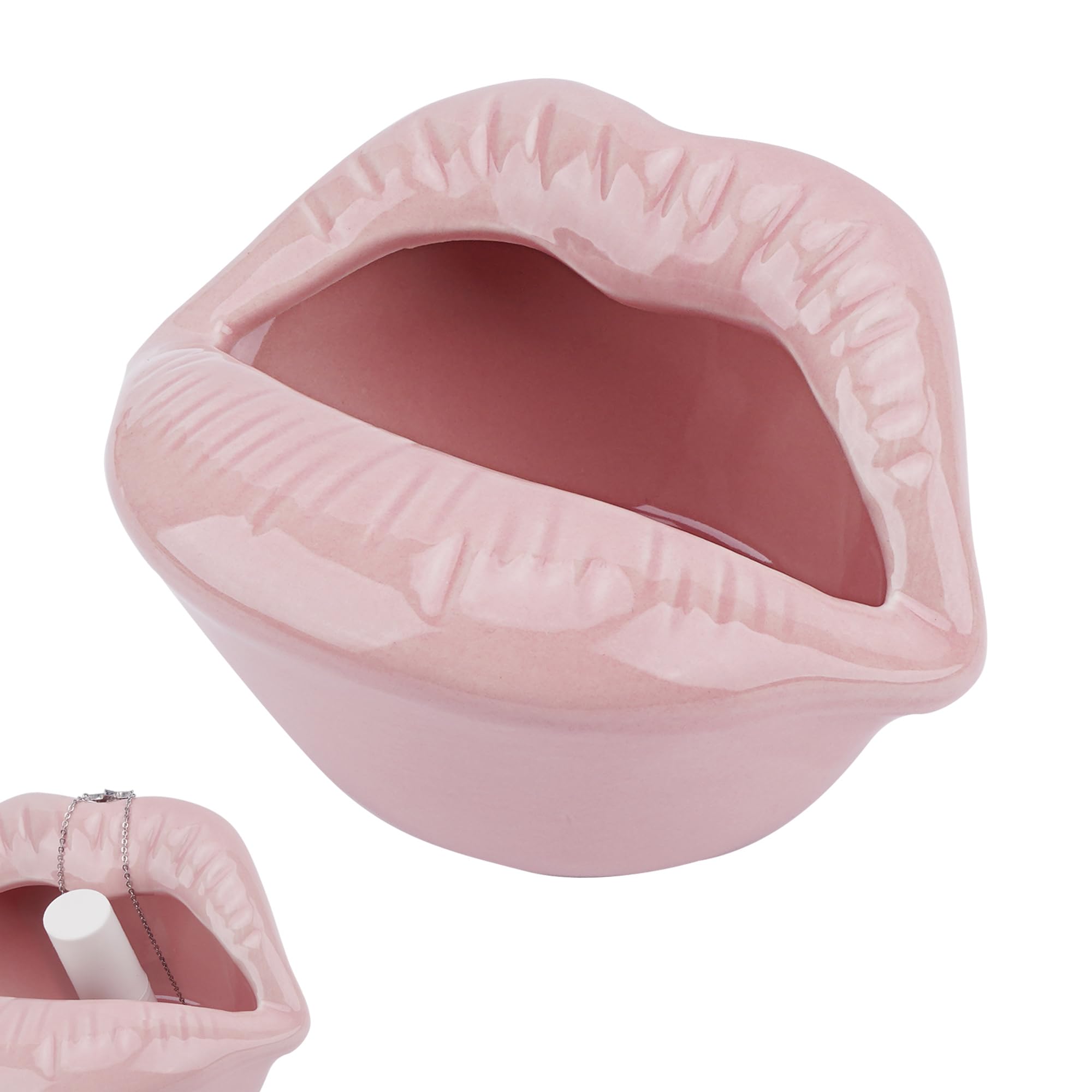 Biiange Ceramic Pink Lips Lipstick Ring Holder, Lip Ceramic holder, Suitable for Storing Cosmetics, Hair Clips, Jewelry as Gifts for Women, Birthdays, and Valentine's Day (Pink)