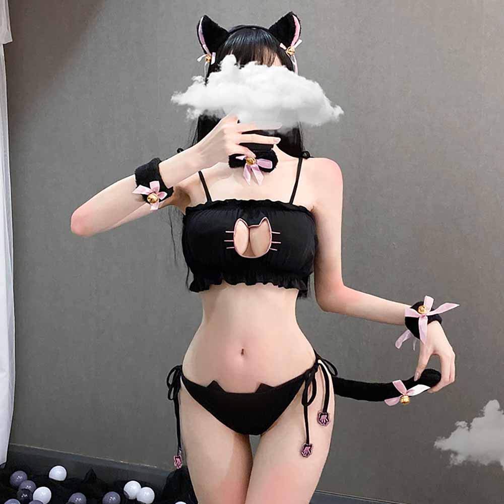Sexy Cat Cosplay Lingerie Set Femmes Babydoll Nightwear Anime Kitten Costume Outfit Vêtements de Nuit sous-vêtements Bandeau + Haut + Culotte + Anneau de Cou + Bracelet + Queue détachable + Bas (san