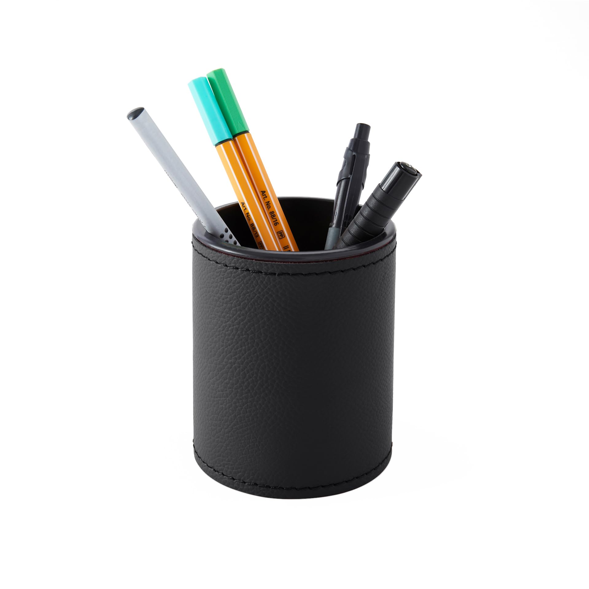 Eglooh - Zefiro - Schreibtisch rund Stiftehalter Design Echtes Leder Schwarz cm 7,8 x 7,8 H.9,5 - Handwerkliche Nähte und starke Struktur - Made in Italy