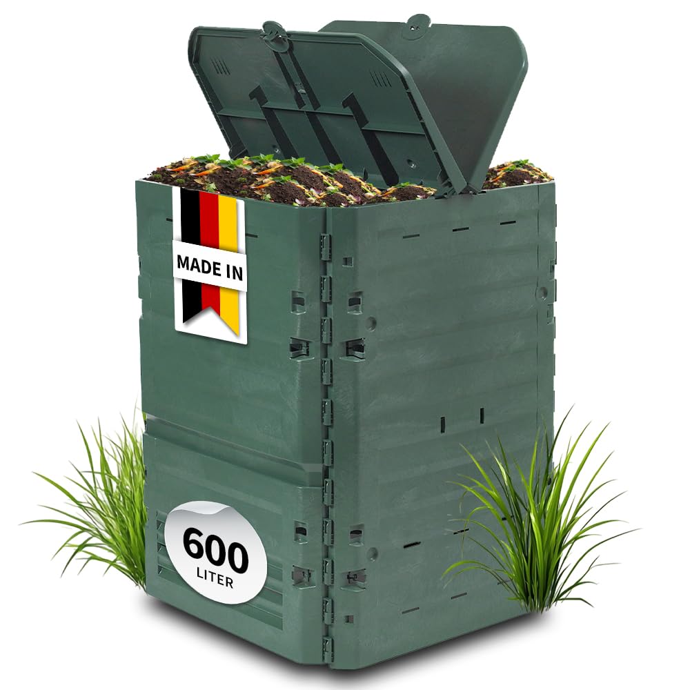 GARANTIA Thermo-King Komposter 600 Liter grün - für Gartenabfall mit isolierten Wänden - leichte Montage ohne Werkzeug - Deckelarretierung und Luftzirkulation aus Recyclingkunststoff für draußen