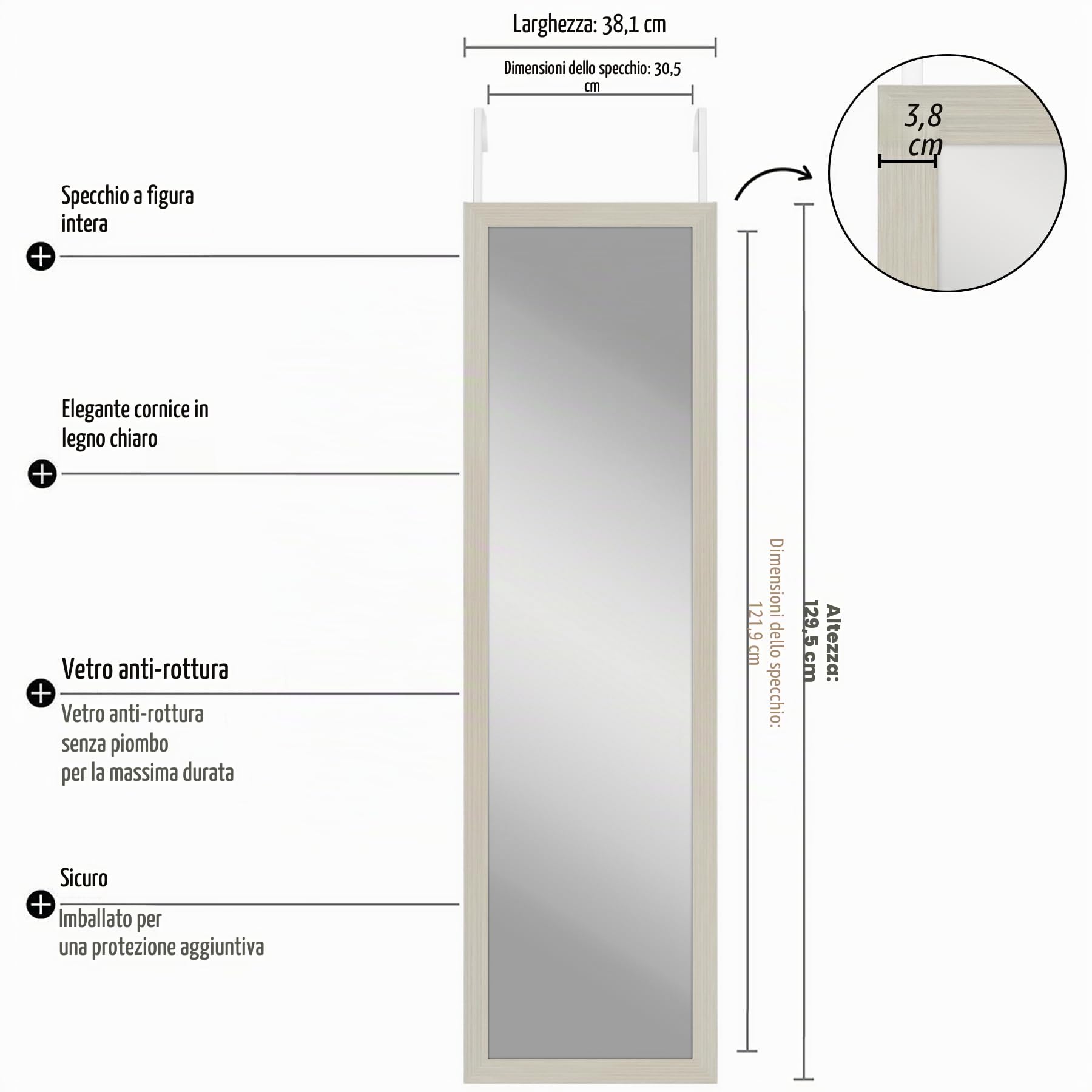 Americanflat Specchio per porta da appendere, 38 x 130 cm, in vetro infrangibile con staffa in metallo per appendere il bagno, la camera da letto, telaio in MDF, colore legno chiaro