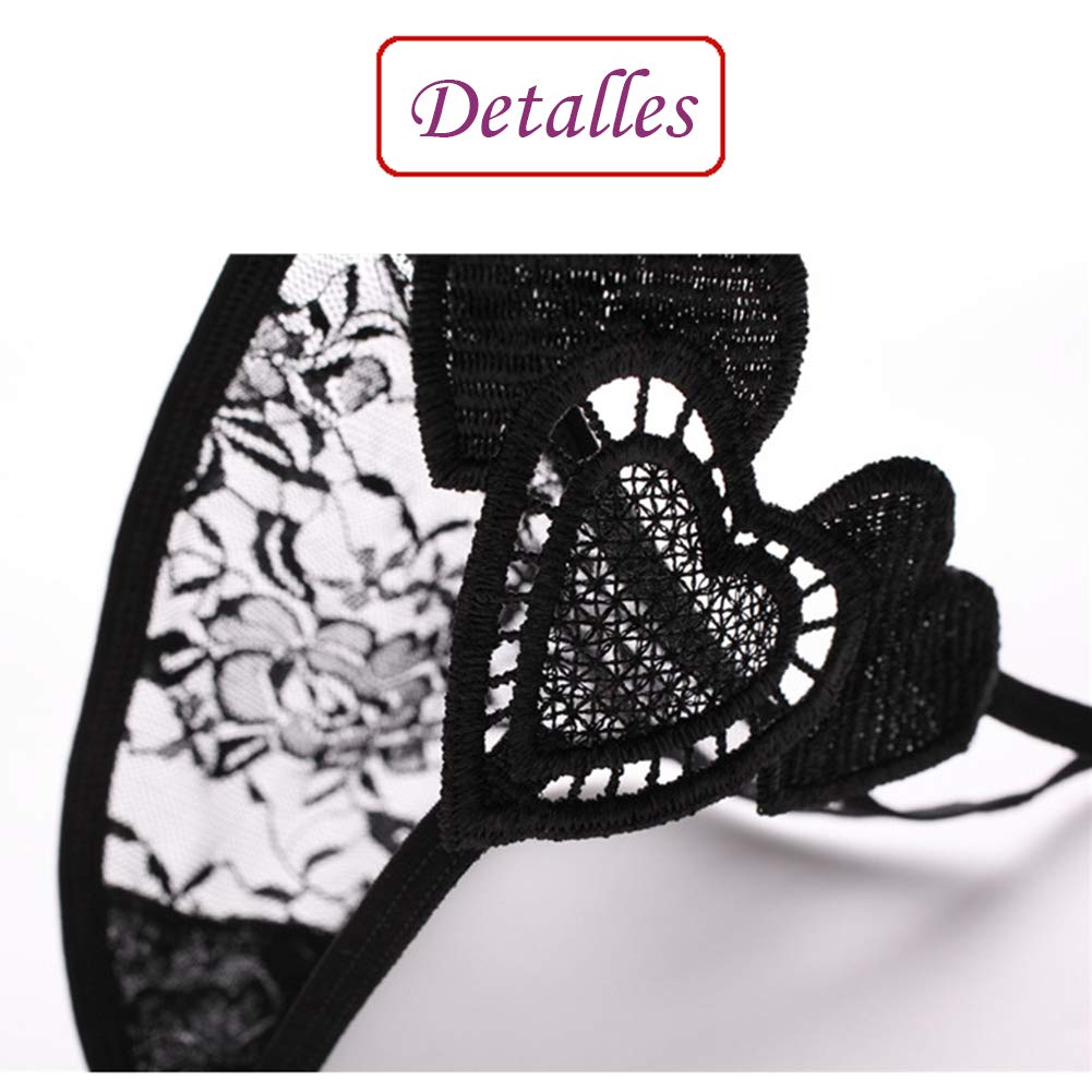 VicSec 4 Pack Braguitas Mujeres Sexy Encaje Fina, Erótica Tanga Suave G-String Atractiva Lencería Interior Espalda Decora Corazon Talla Única (Negro+Blanco+Rojo+Azul)
