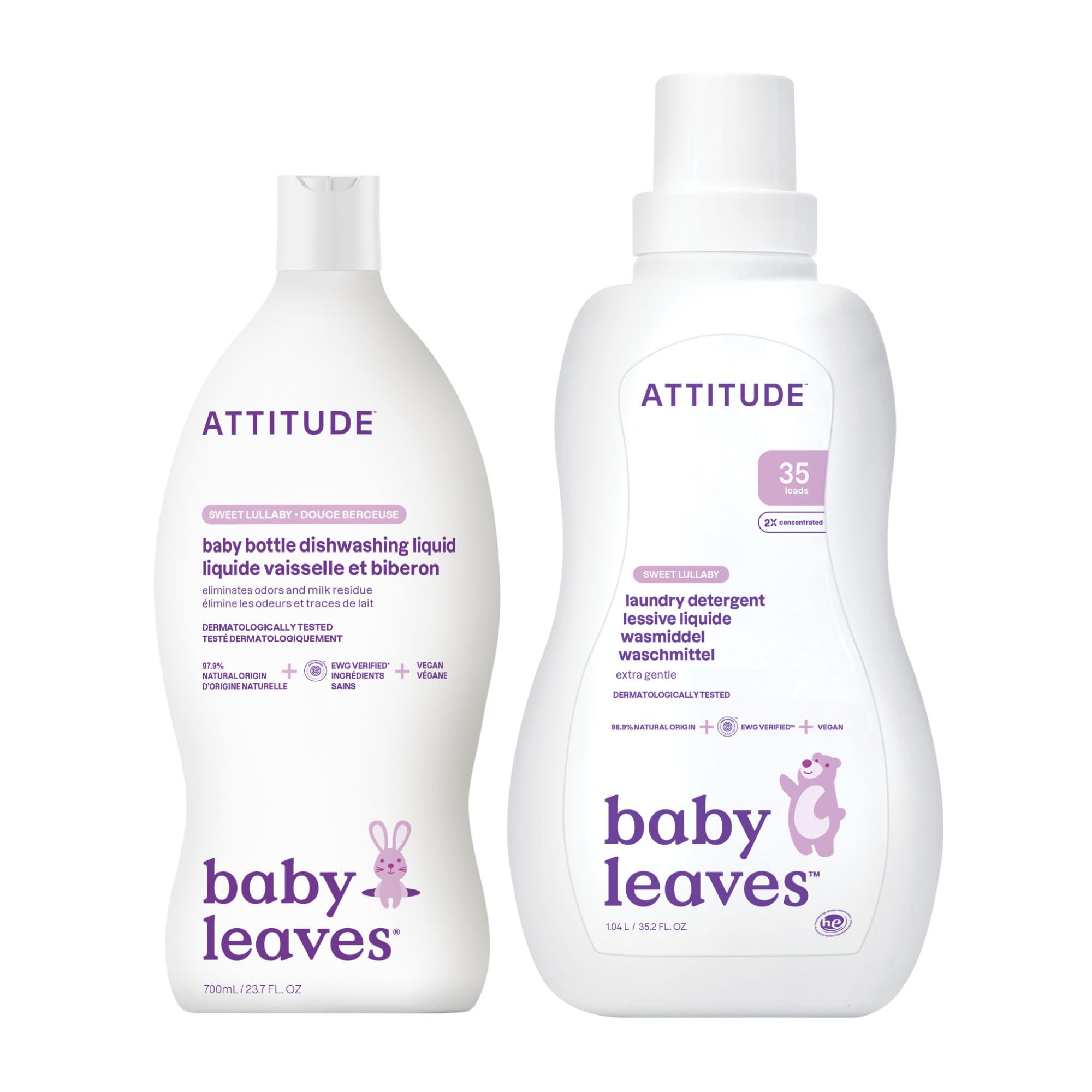 Bundle of ATTITUDE Baby Bottle and Dishwashing Liquid, EWG Verified, Vegan, Sweet Lullaby, 23.7 Fl Oz + Baby Laundry Detergent, EWG Verified, HE Compatible, Sweet Lullaby, 35 Loads, 1.05 Liters
