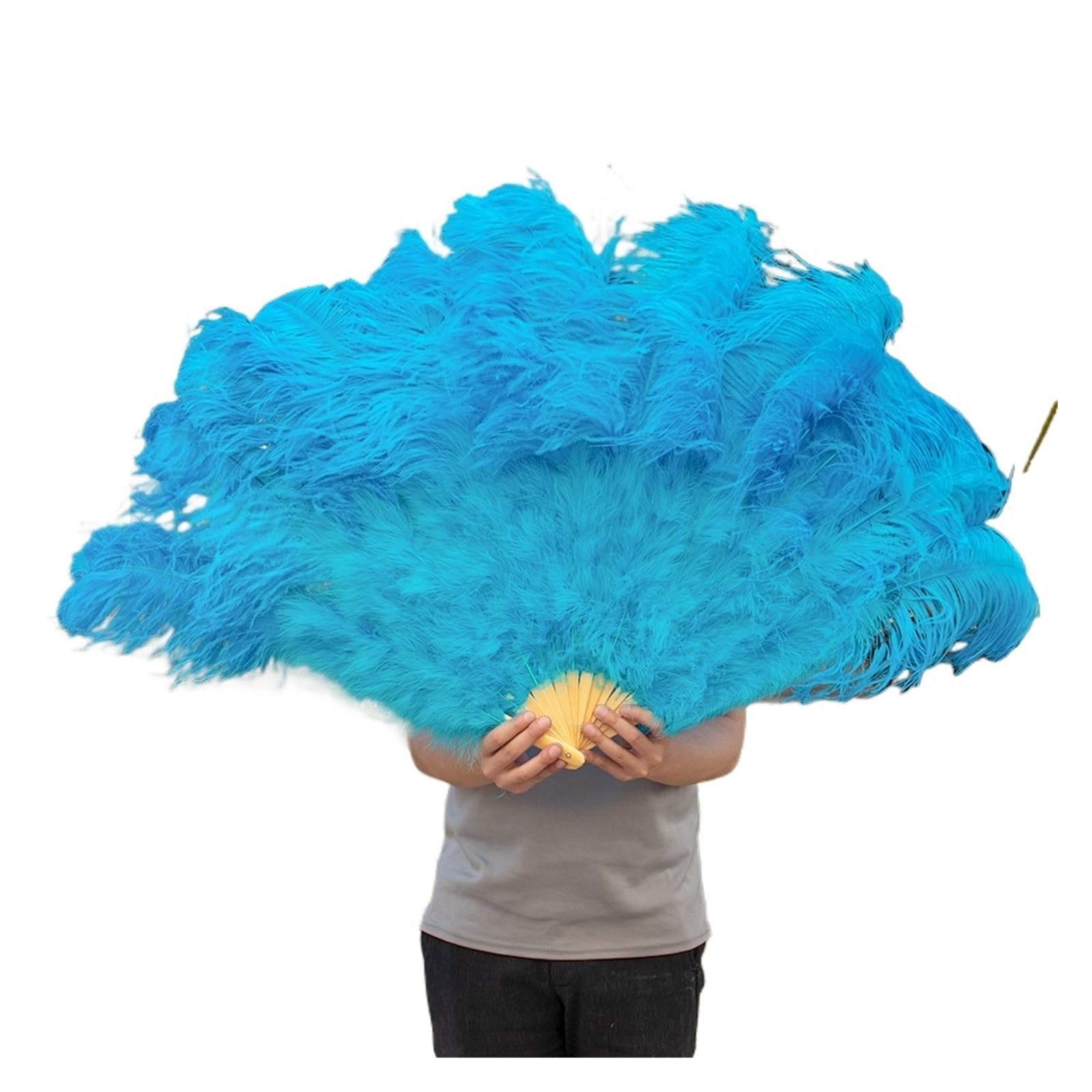 Ventaglio pieghevole con piume, 13 osso, grande, per spettacoli teatrali, ballerini, spettacoli, feste di nozze, accessori per feste in costume e spettacoli danzanti (blu lago, 100 cm, mano