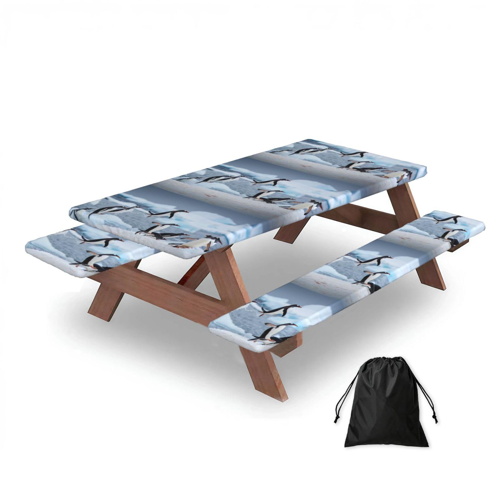 Dopklna As Picture Penguin, Picnic Table Cover With Bench Covers -Waterproof Elastic Fitted Tablecloth For Garden Camping Patio 76X152cm