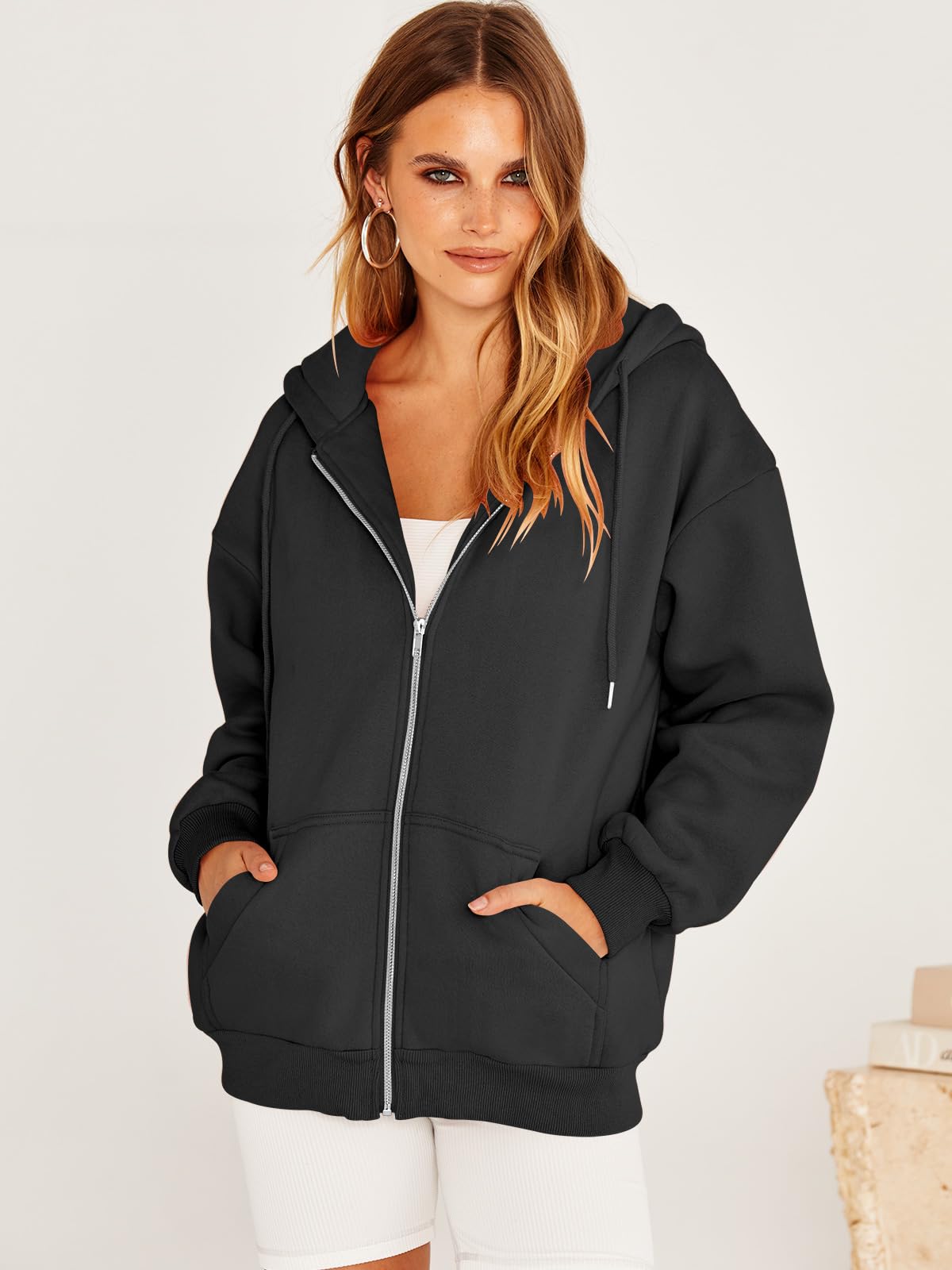 Damskie bluzy z kapturem oversize z zamkiem błyskawicznym bluzy Y2K ubrania urocza nastolatka jesień kurtki na co dzień z kieszeniami