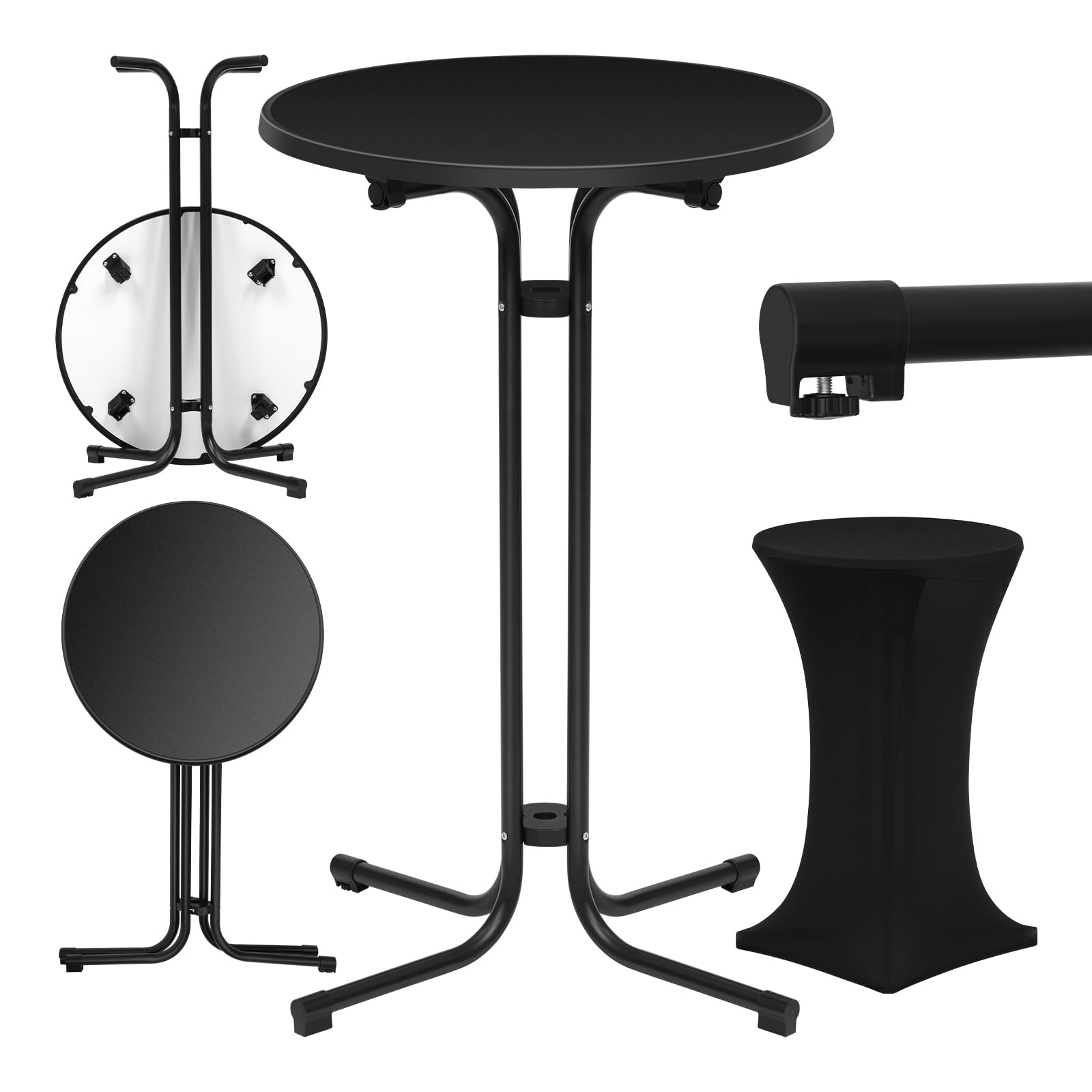 WOLTU Mesa de Bar Plegable, Mesita Redonda de Cóctel con Funda Elástica para Boda y Fiestas, con Patas Metálicas y Pie Ajustable, 70x110 cm, Negro Mate