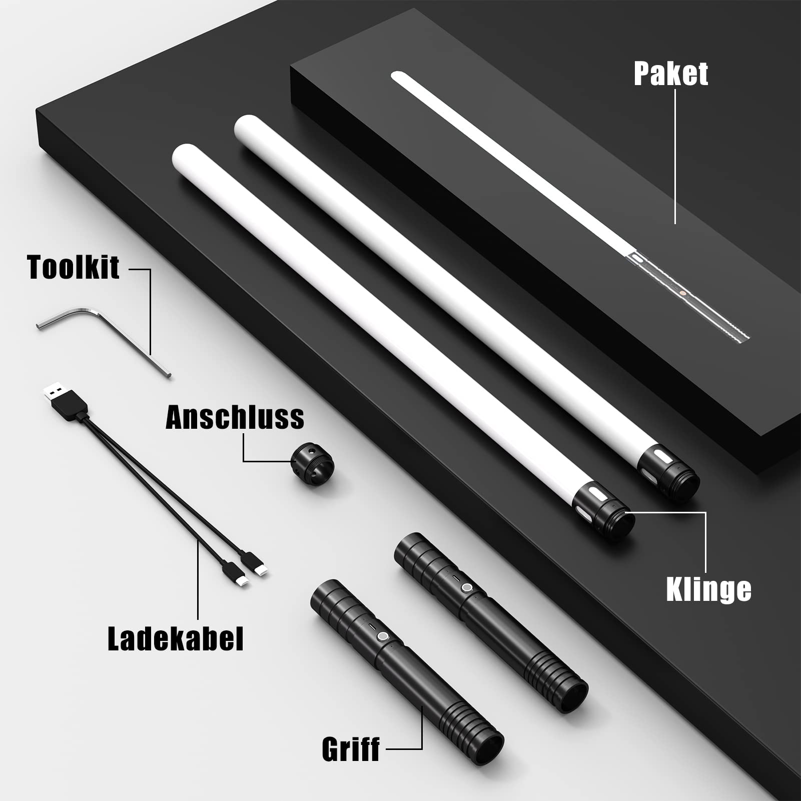 Spada laser, 20 colori, spada laser con manici in metallo vibrante, spada laser a LED 2 in 1 con 3 modalità di suono, manico in metallo, batteria ricaricabile, modalità di burst (manico nero)