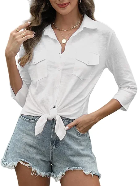 AKODOZO Women Tie Front Button Down Shirt V Neck 3/4 Sleeve Cotton Cropped Top with Pockets for Work Vacation Daily Wear