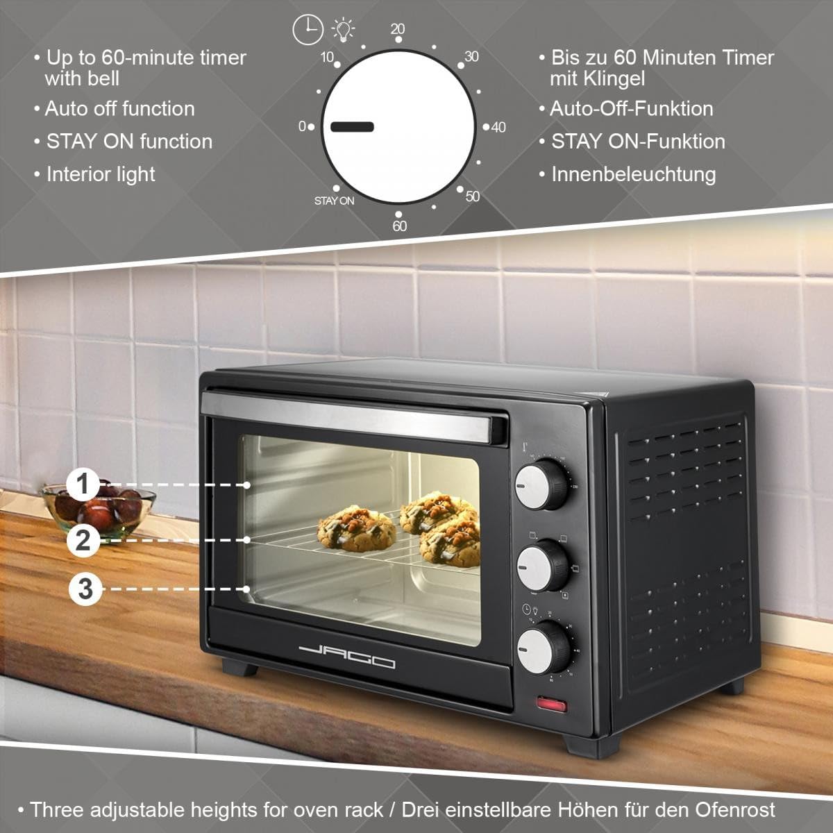 Jago® Forno Elettrico - 30 l, 1600 W, Alta Temperatura, con Timer, Doppio Vetro, Luce Interna, Accessori, Portatile, Nero - Mini Forno, Sfornatutto, Fornetto Ventilato, Cucina Jago® Forno Elettrico - 30 l, 1600 W, Alta Temperatura, con Timer, Doppio Vetro, Luce Interna, Accessori, Portatile, Nero - Mini Forno, Sfornatutto, Fornetto Ventilato, Cucina