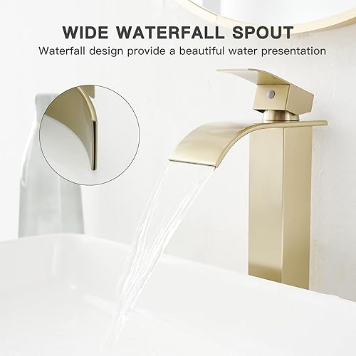 Miniatura 4 de Homevacious Grifo de baño dorado cepillado, grifo de fregadero de cascada, grifo de fregadero de un solo mango, grifo de lavabo moderno de un solo