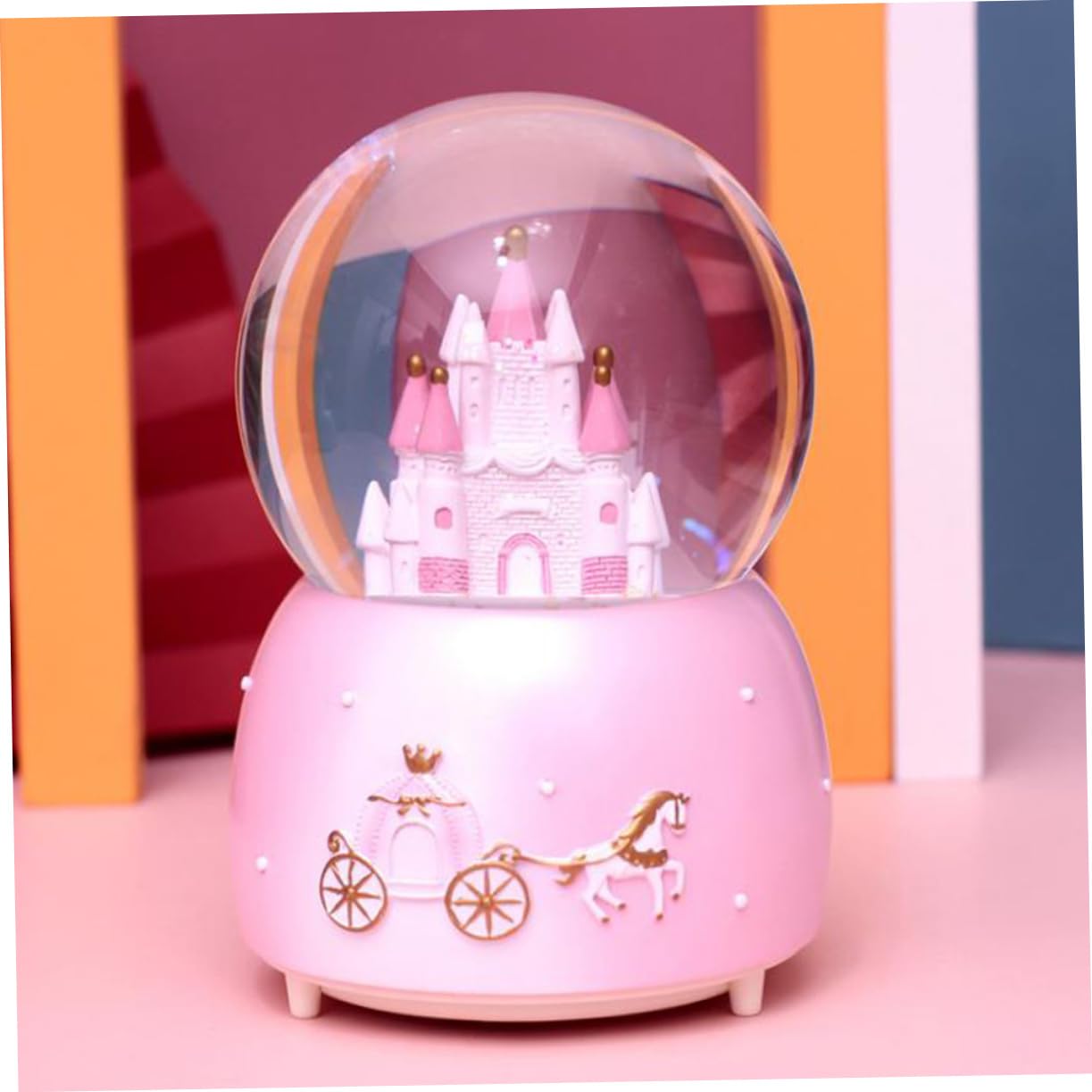 GLEAVI Globo Di Neve in Vetro Musica, Decorazione Da Scrivania Principessa Castello, Palla Di Neve Manuale Media Rosa Per Festa e Arredamento Casa