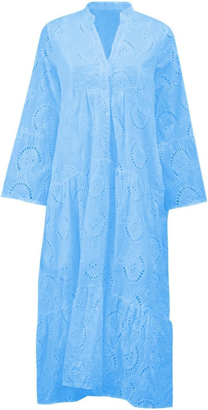 ThCreasa Womens V Neck Eyelet Embroidery Maxi Dresses Lace 3/4 Trumpet Sleeve Button Hollow Tiered Swing Long Dress - Image 3