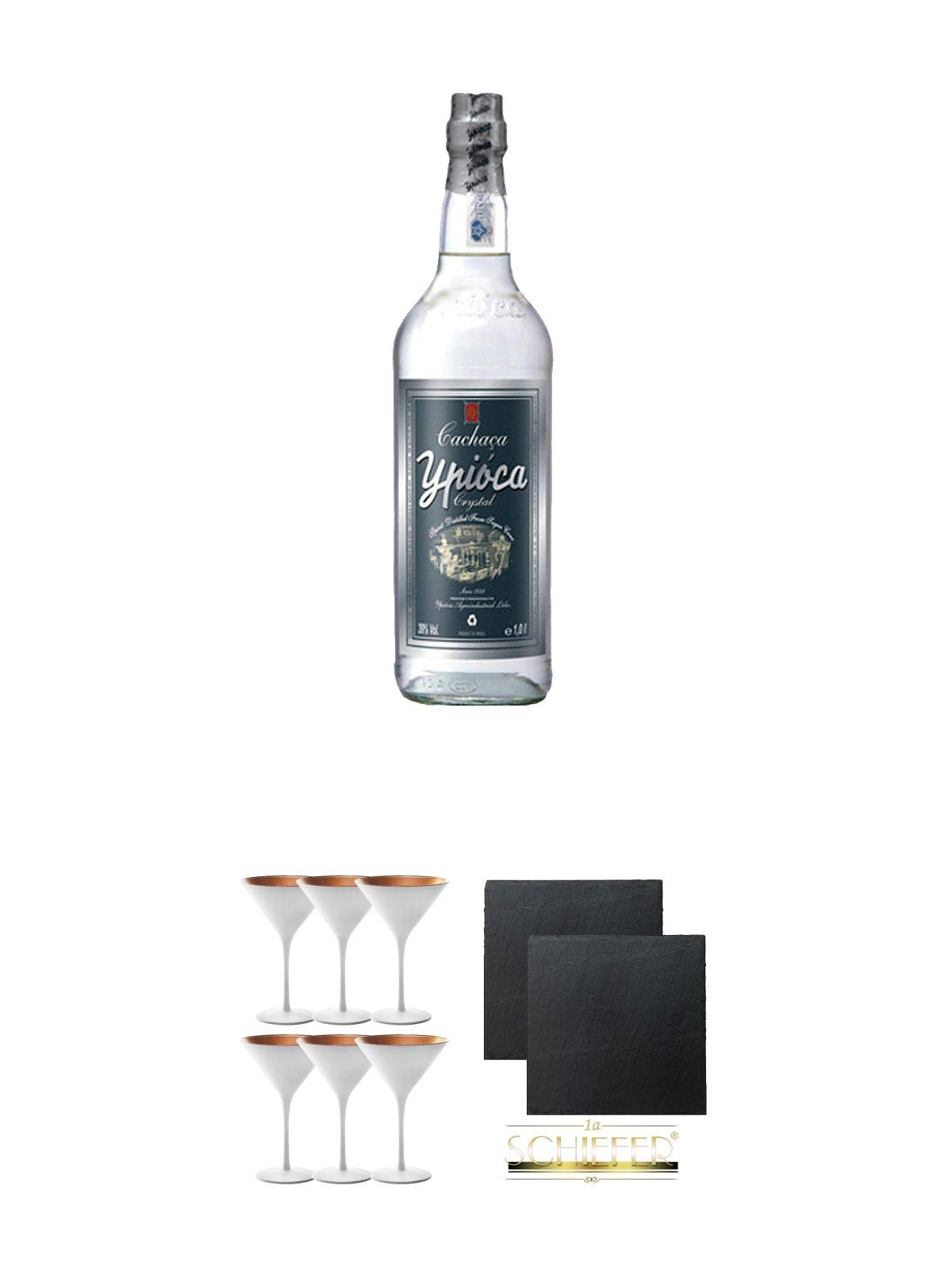 Ypioca Crystal Cachaca 0,7 Liter + Stölzle Cocktail-und Martiniglas Olympic Serie 6 Gläser - 1408825 + Schiefer Glasuntersetzer eckig ca. 9,5 cm Ø 2 Stück