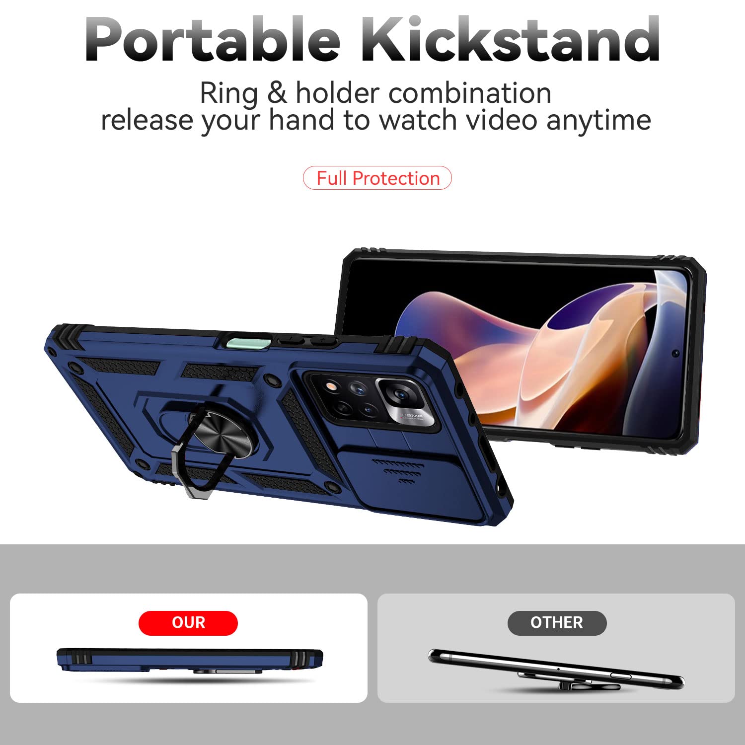 Funda para Xiaomi Redmi Note 11 Pro/Note 11 Pro 5G Carcasă Armor Militar Cubierta de Cámara Deslizante Proteger Fundas con 360 Full Protección Anillo Soporte Silicona Estuche Cover Case,Azul — view 6