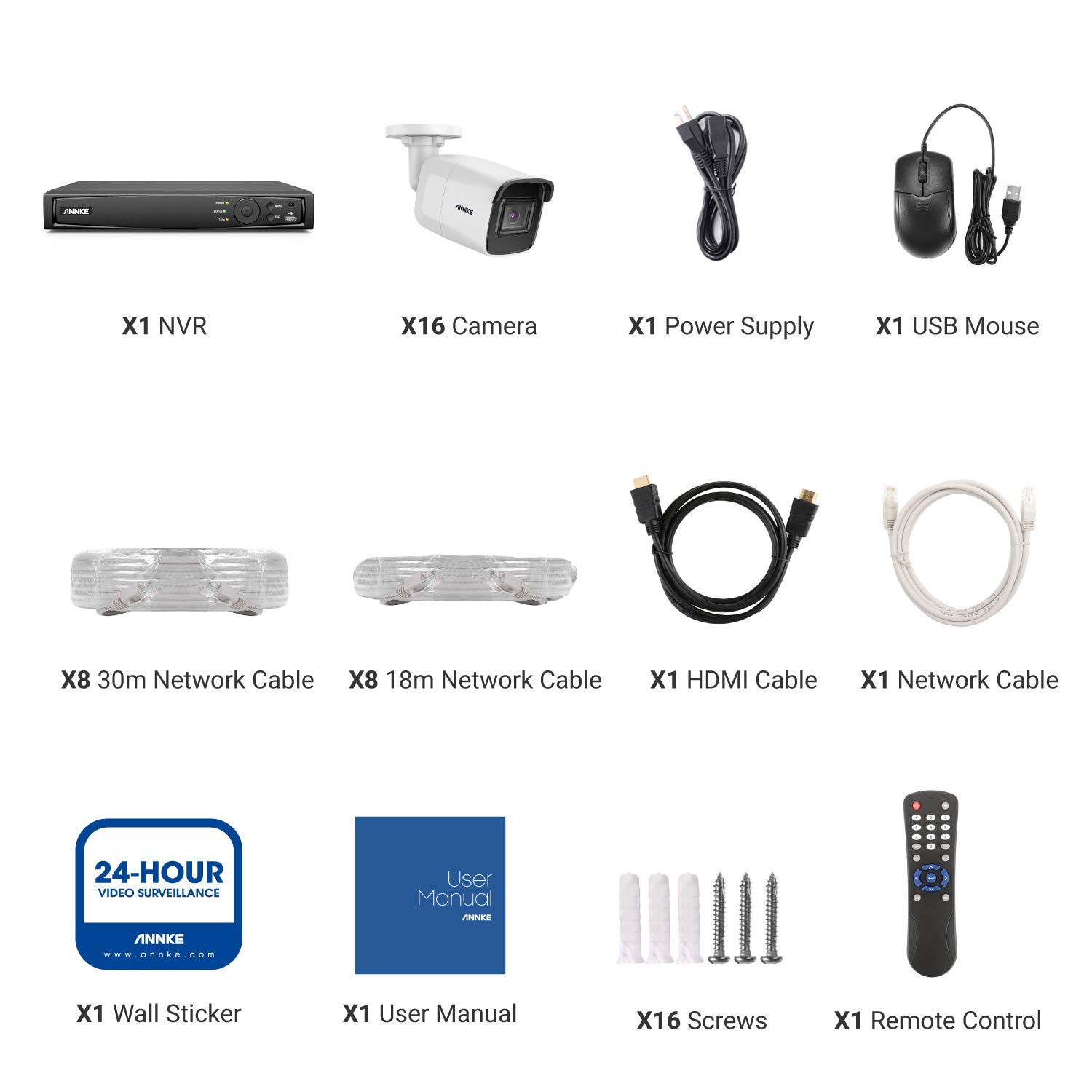 ANNKE 16CH 4K POE Security Camera System, H.265+ 16 Channel NVR Recorder and 16PCS 8MP Surveillance IP Bullet Cameras with AI Detection, 100 ft Night Vision, Remote Access, NO Hard Drive