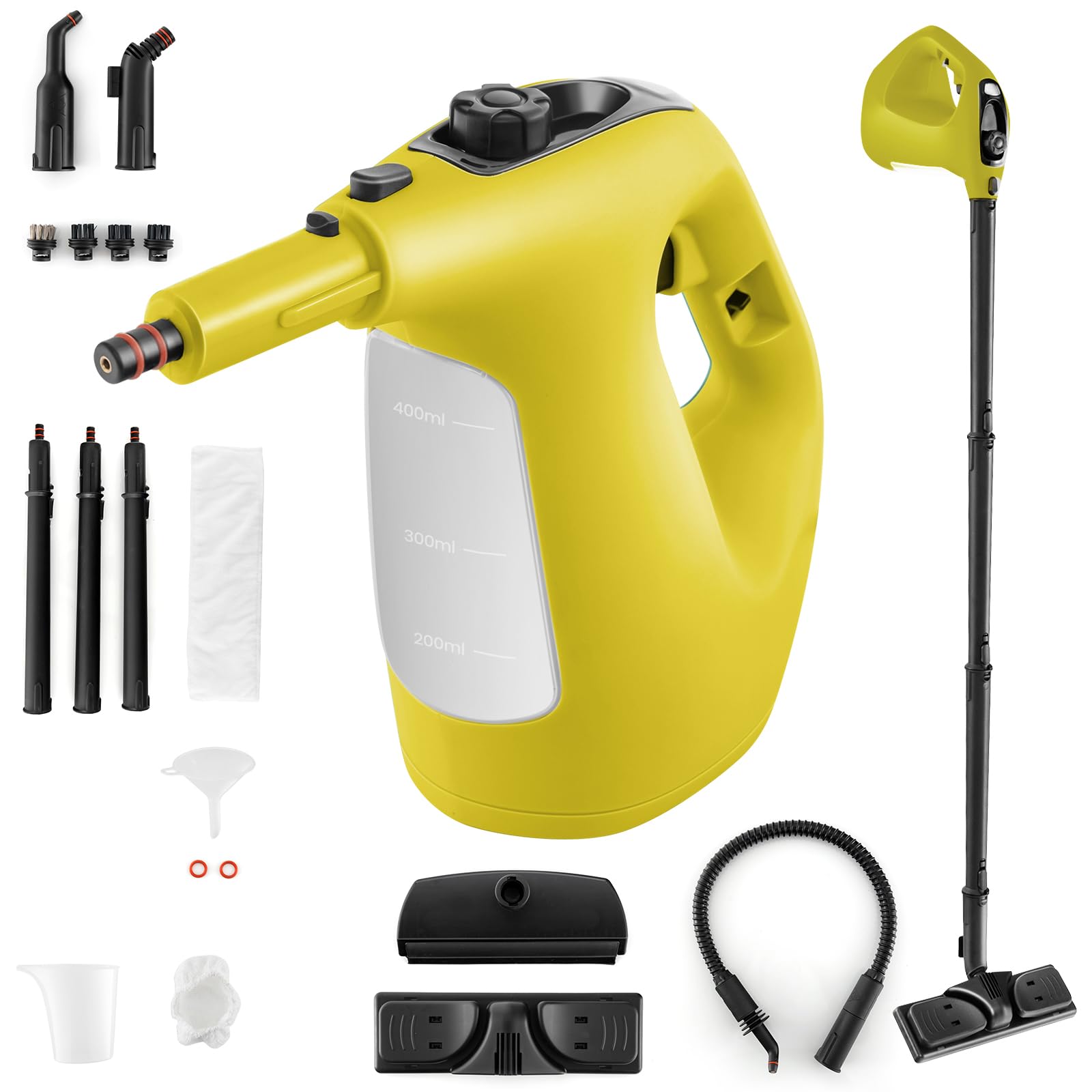SOARS limpiador a Vapor con 14 Accesorios, Limpiador de Vapor: 2 bar, máx. 125 ℃, Listo en 1 Min, Potente 1500W, Depósito: 400ML, para Alfombras, Suelos y Ventanas (Amarillo)