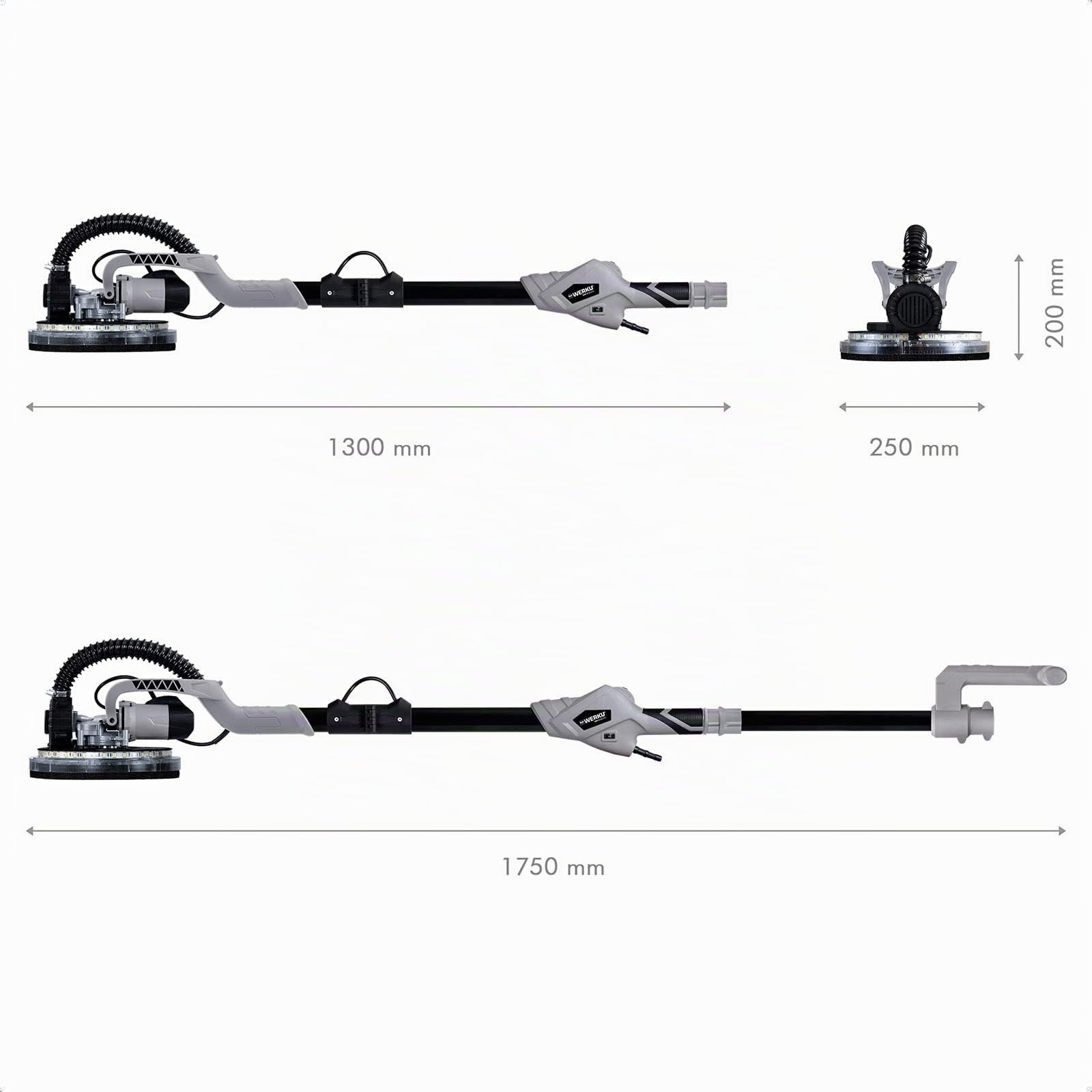 Werku WK403070 + 6 Lijas, Lijadora Circular Paredes-Techos Auto-Aspirante, Calidad Profesional, Potencia 750 W, 225 mm, Sistema Luz LED, Incluye 6 Discos Lijado, Manguera Aspiración y Bolsa Transporte