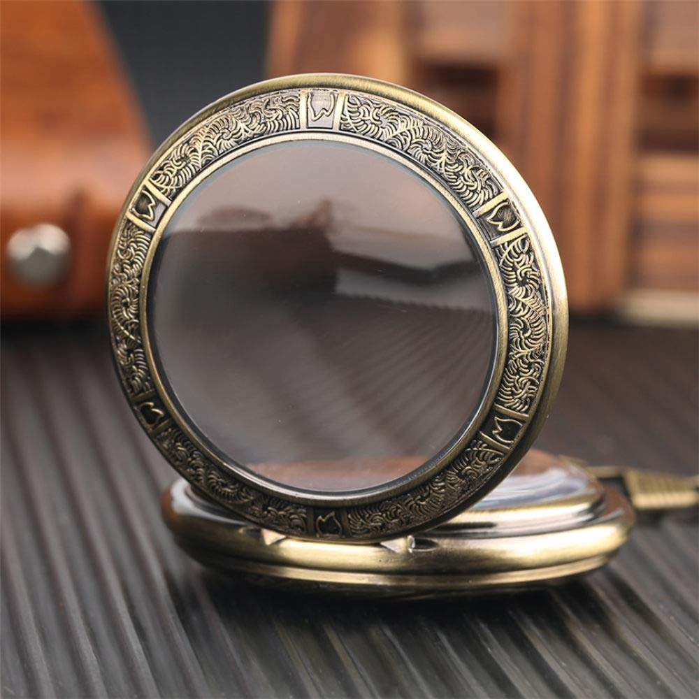 Reloj De Bolsillo Vintage,Mystical Negro Dial Mecánico Reloj De Bolsillo Transparente Cazador Azul Romano Numerales Muestran Mano Sinuosa Reloj De Bolsillo para Los Hombres Regalo