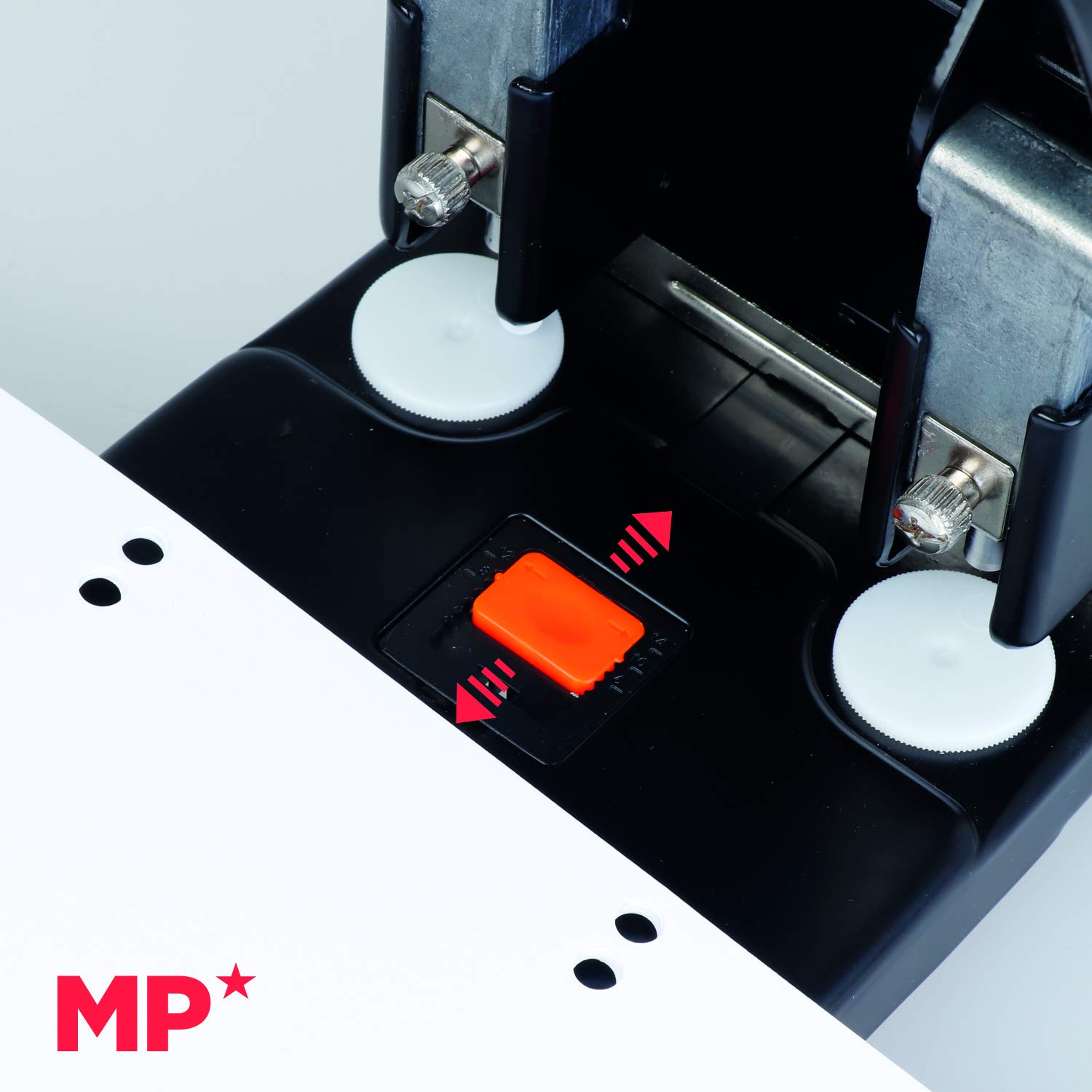 MP - Perforadora Papel 100 Hojas de Gran Capacidad, Taladradora Papel 2 Agujeros Puede Controlar el Tamaño de los Agujeros y Regleta de Tope para Ajustar el Papel, Asa con Cierre
