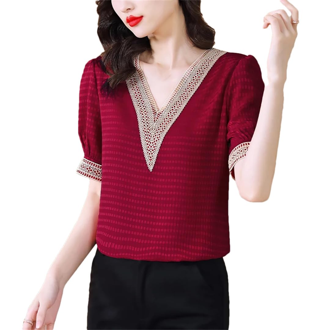 Camicetta da donna in raso a maniche corte con scollo a V in pizzo primaverile camicetta casual