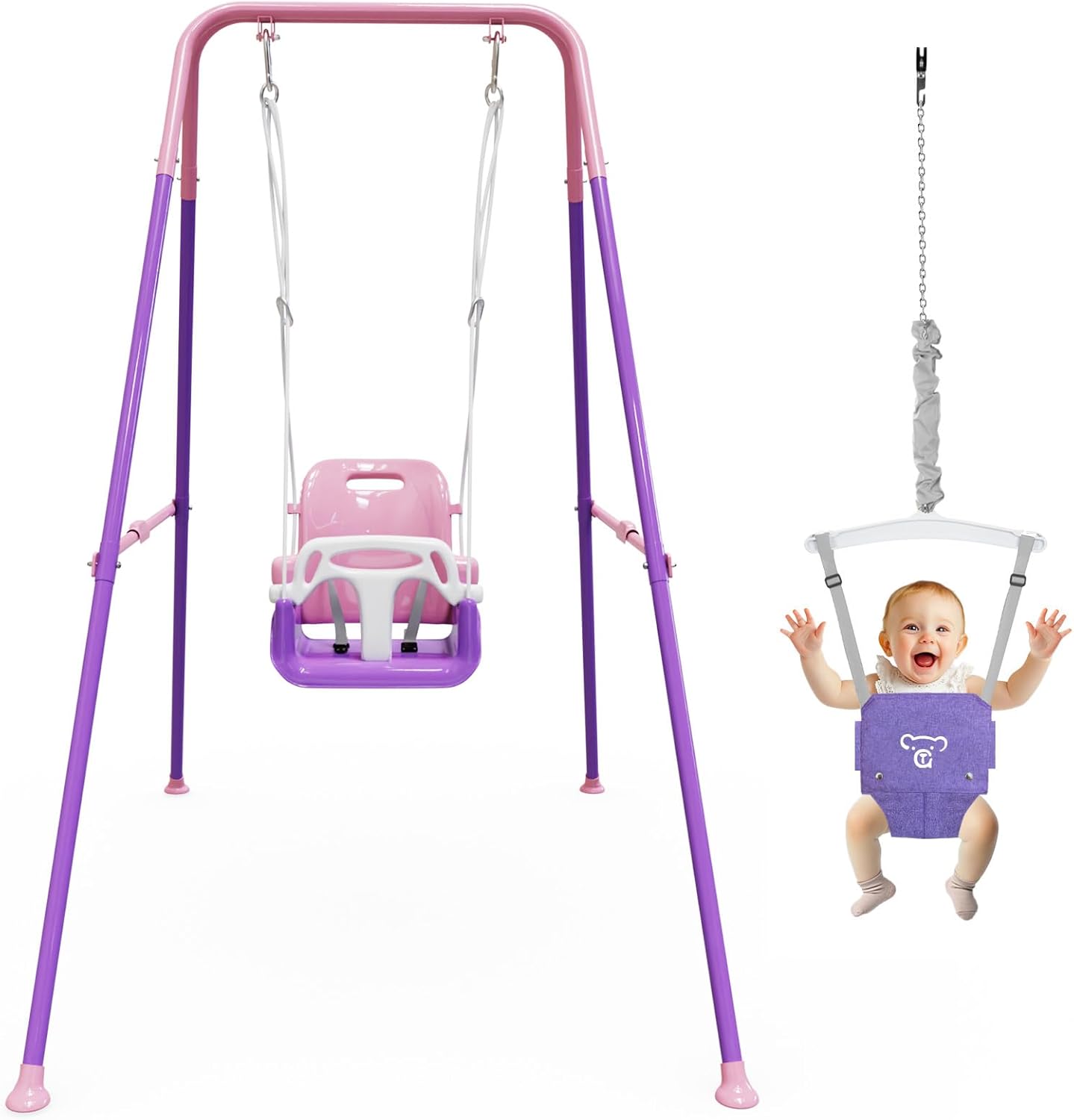 2 in 1 Toddler Swing & Baby Jumper, Foldable Baby Bouncer with Soft Cushion, Foldable Indoor & Outdoor Use, Easy to Install & Store Swing Sets for Backyard Play (Pink)
