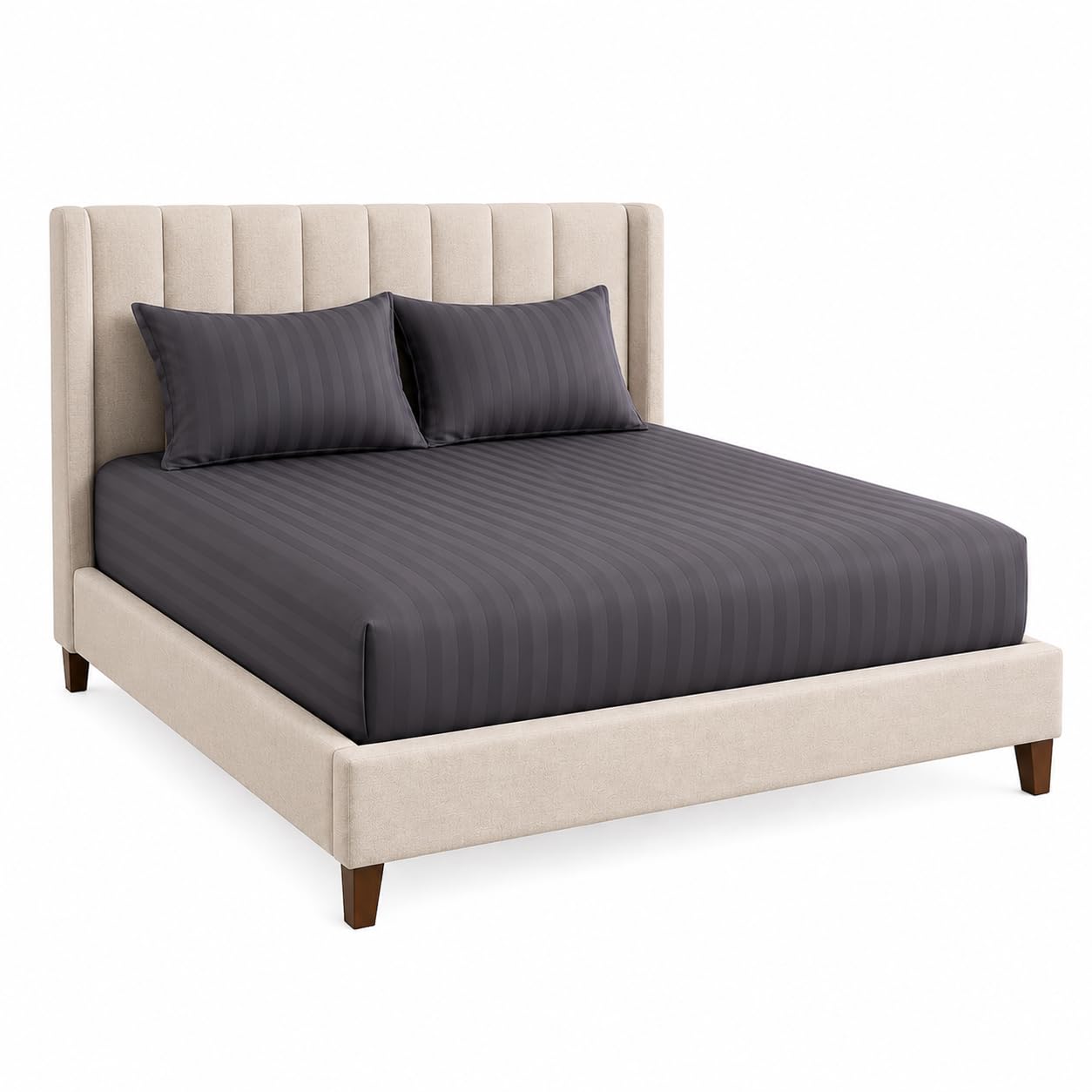 Fitted Bedsheet, 1 Fitted + 2 Pillow Covers, Double (48x75), 300 TC Polycotton Stripe, 8 Inch Deep Pocket, Elastic All Around, Soft & Breathable, Wrinkle Resistant Dark Grey-image-43