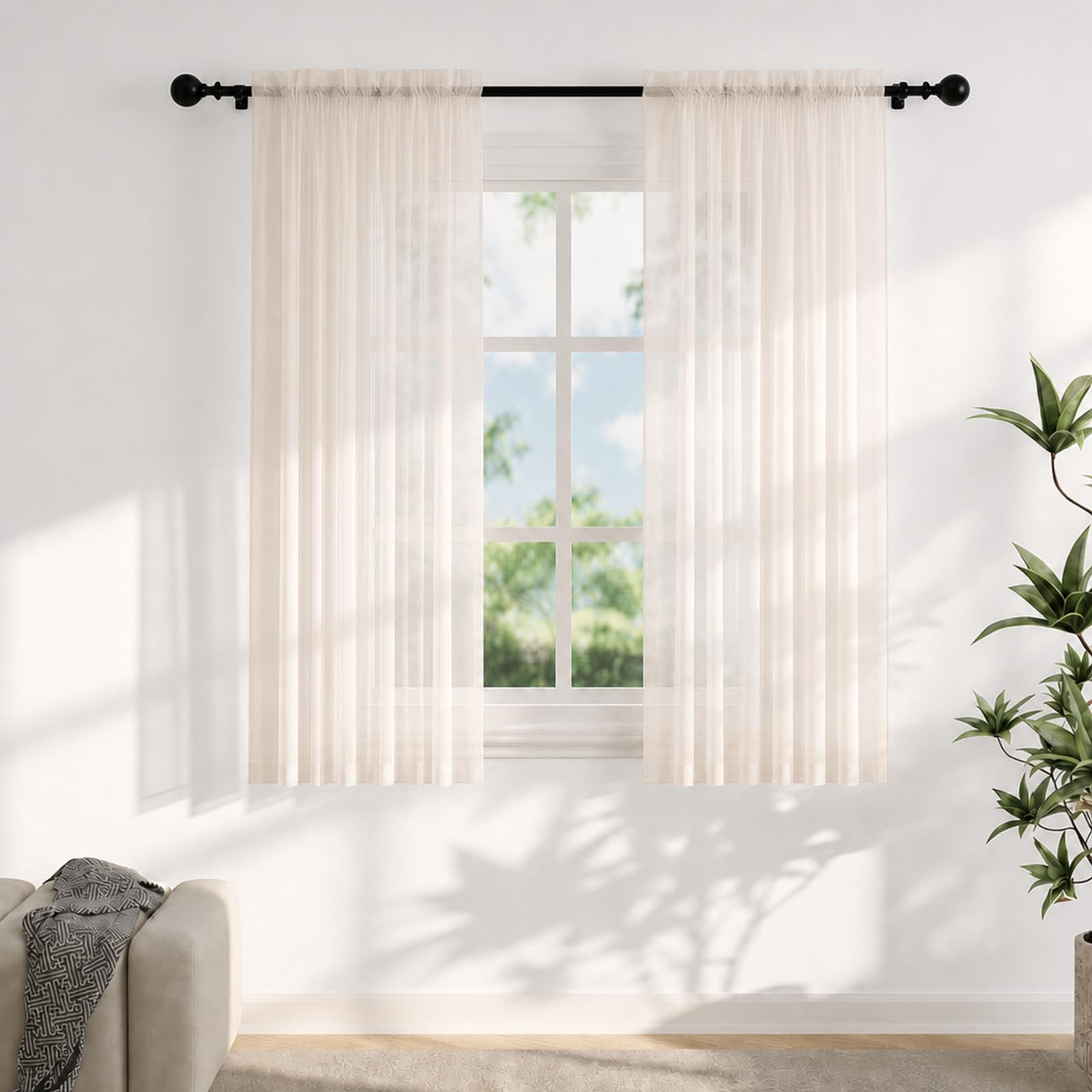 Flgef Voile Curtains for Windows 45 Drop, 2 Panels Dual Rod Pocket Sheer Curtains, Light Filtering Beige Net Curtains for Living Room Bedroom Kitchen, W56xL45 Inches