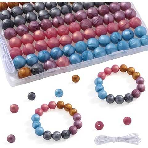 Song Xi 15mm Silicone Beads,5 Styles Gold Silvery Silicone Beads for Keychain Making, 90PCS Focal Beads for Bracelet, Round Metal Beads for Pens, Silicone Beads Bulk Crafts with Elastic Strings Cover