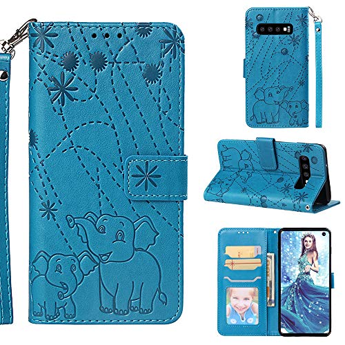 Galaxy S10 Wallet Case, Ithuriel Fashion Premium PU Leather Flip Embossed Totem Elephant Card Holders Magnetic Clasp Wrist Strap TPU Bumper Cover for Samsung Galaxy S10 - Blue