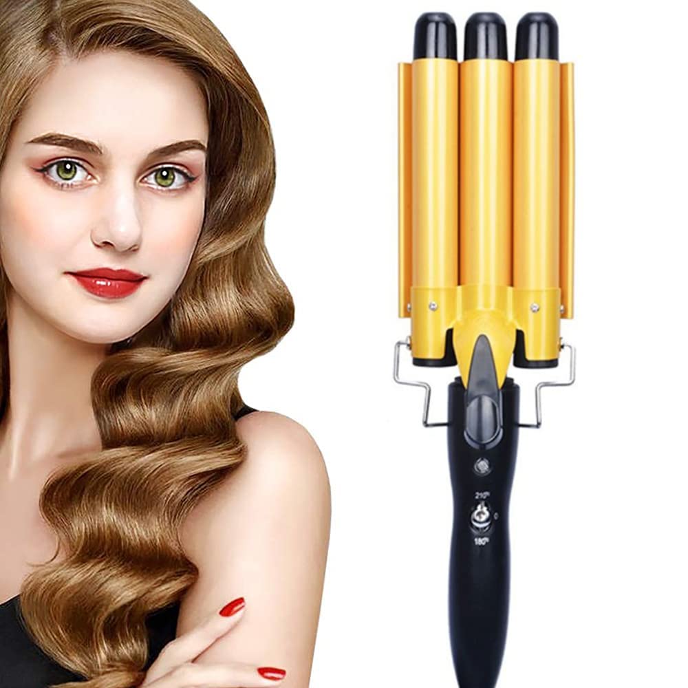 MAKINGTEC Three Barrel Curling Iron Wand with LCD Temperature Display - 1 Inch Ceramic Tourmaline Triple Barrels, Dual Voltage Crimp (Gold)