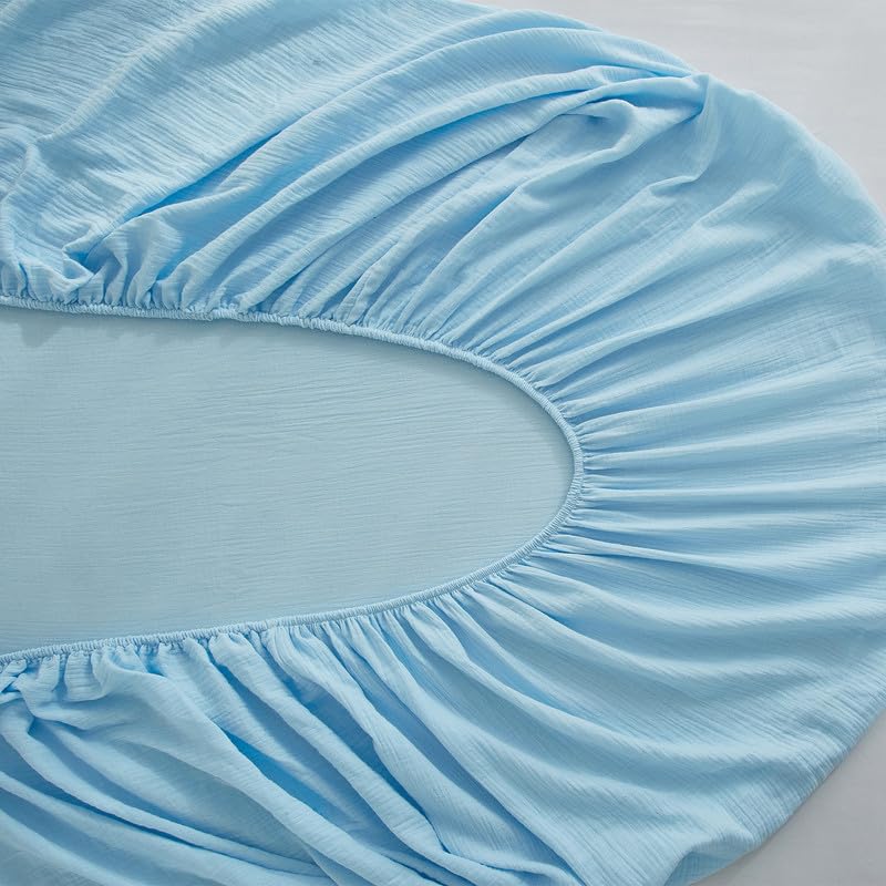 Gezu Musselin Spannbettlaken 90 x 200 cm, 100 % Baumwolle, hellblau, einfarbig, Bettlaken, Baumwollgaze, Spannbettlaken, atmungsaktiv, für dicke Matratzen, hypoallergen, bügelfrei, elastischer Saum
