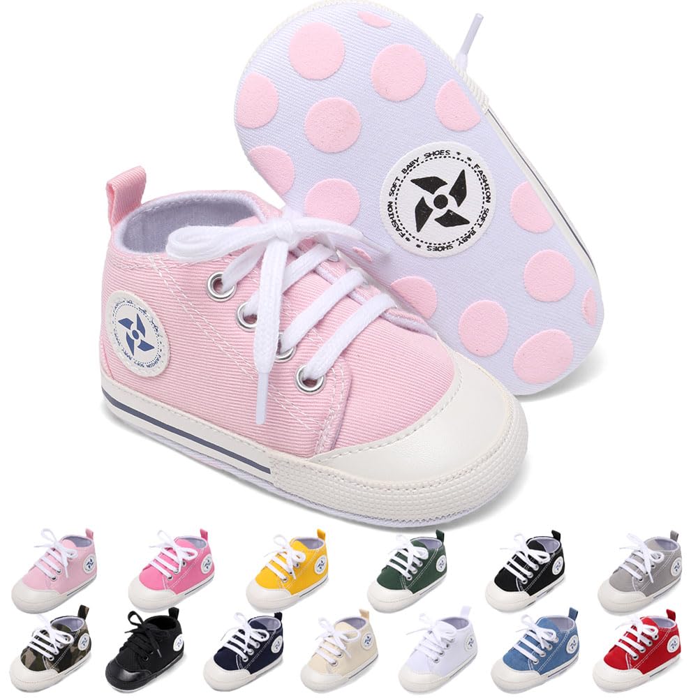 Baby Boys Girls Star High Top Sneaker Soft Anti-Slip Sole Newborn Infant First Walkers Canvas Denim Shoes (12cm, A-Light Pink, 6_Months)