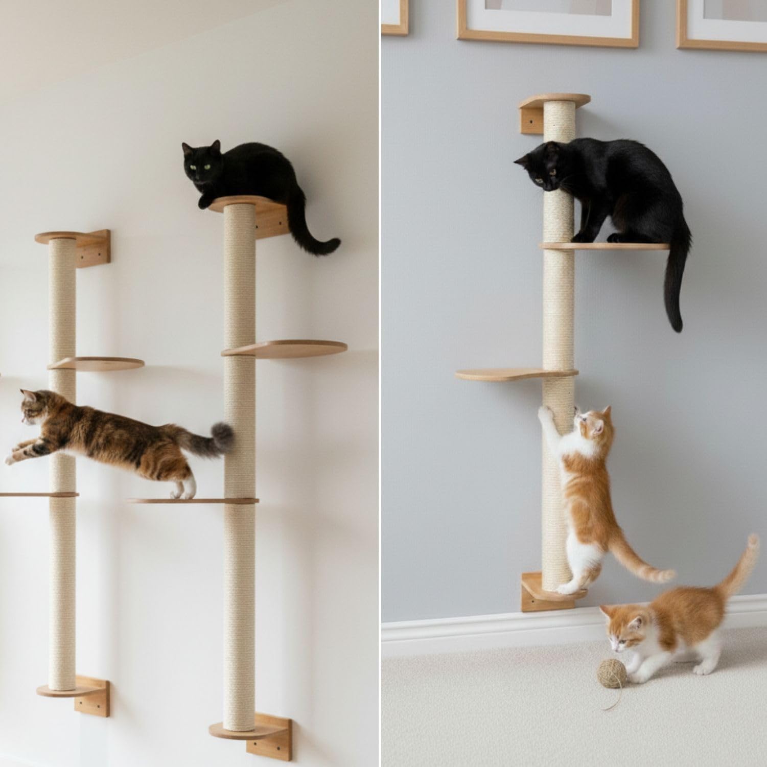 eyepower 130 cm Rascador de Pared Luna con 2 Plataformas de Bambú - Árbol para Gatos con Estanteria - Columna de Sisal Natural - Recorrido de Estantes - Torre Gato Estable - Poste Alto Fijación Mural