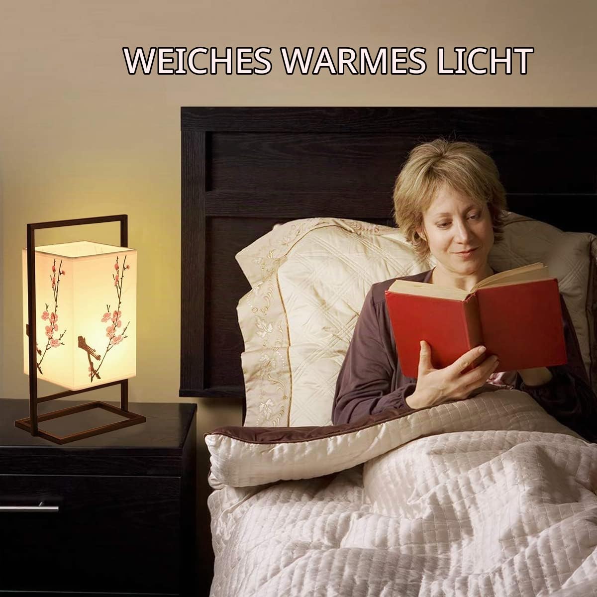 Japanische Schlafzimmer-Nachttischlampe, industrielle Schreibtischlampe mit schwarzem Metallrahmen, quadratische Stoffschirm-Tischlampe, für Schlafzimmer (Ein-/Aus-Taste, Pflaumenblüte)
