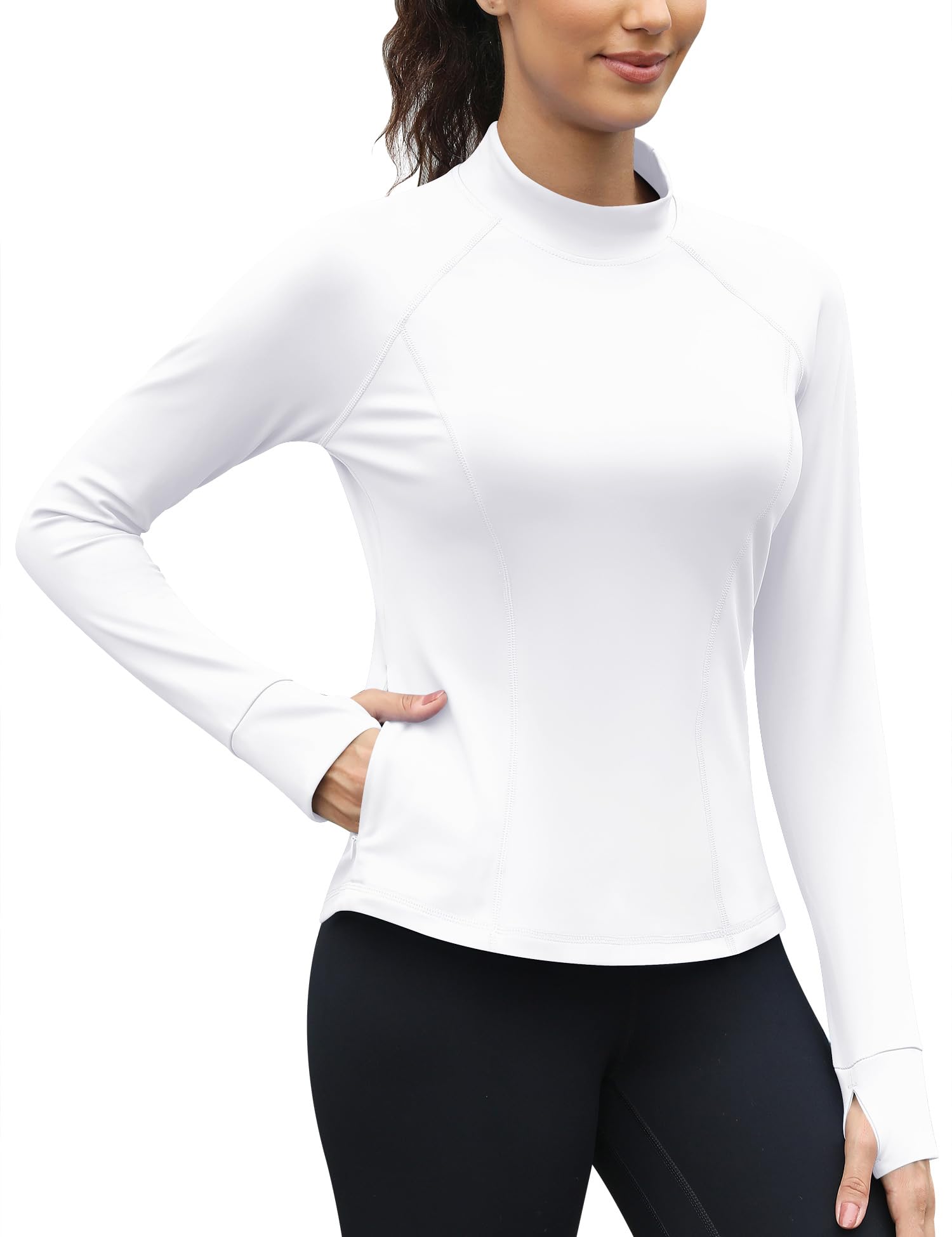Thermo Shirt Damen Langarm mit Zwei Tasche Fleece Langarmshirt Mockneck Sport Atmungsaktiv Funktionsshirt Long Laufshirt