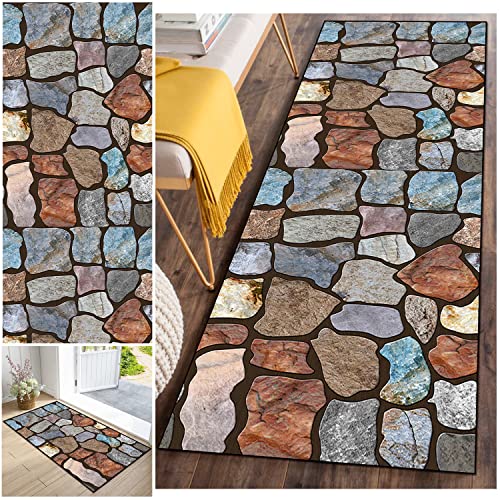 FKYUH Teppich Läufer,60x150CM Flur Teppich Korridor Teppich Küchenläufer rutschfest Teppichläufer für küchenteppich/Schlafzimmer/Flur Waschbar Teppiche,Buntes Steinmuster Cover